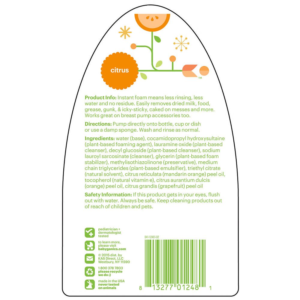 Babyganics Foaming Dish & Bottle Soap - Plant-Based Citrus Scent, 16 Fl Oz | Gentle Formula for Baby Bottles, Pacifiers & Toys | Removes Dried Milk & Food Residue | Perfect for Nursery, Kitchen & Travel Use