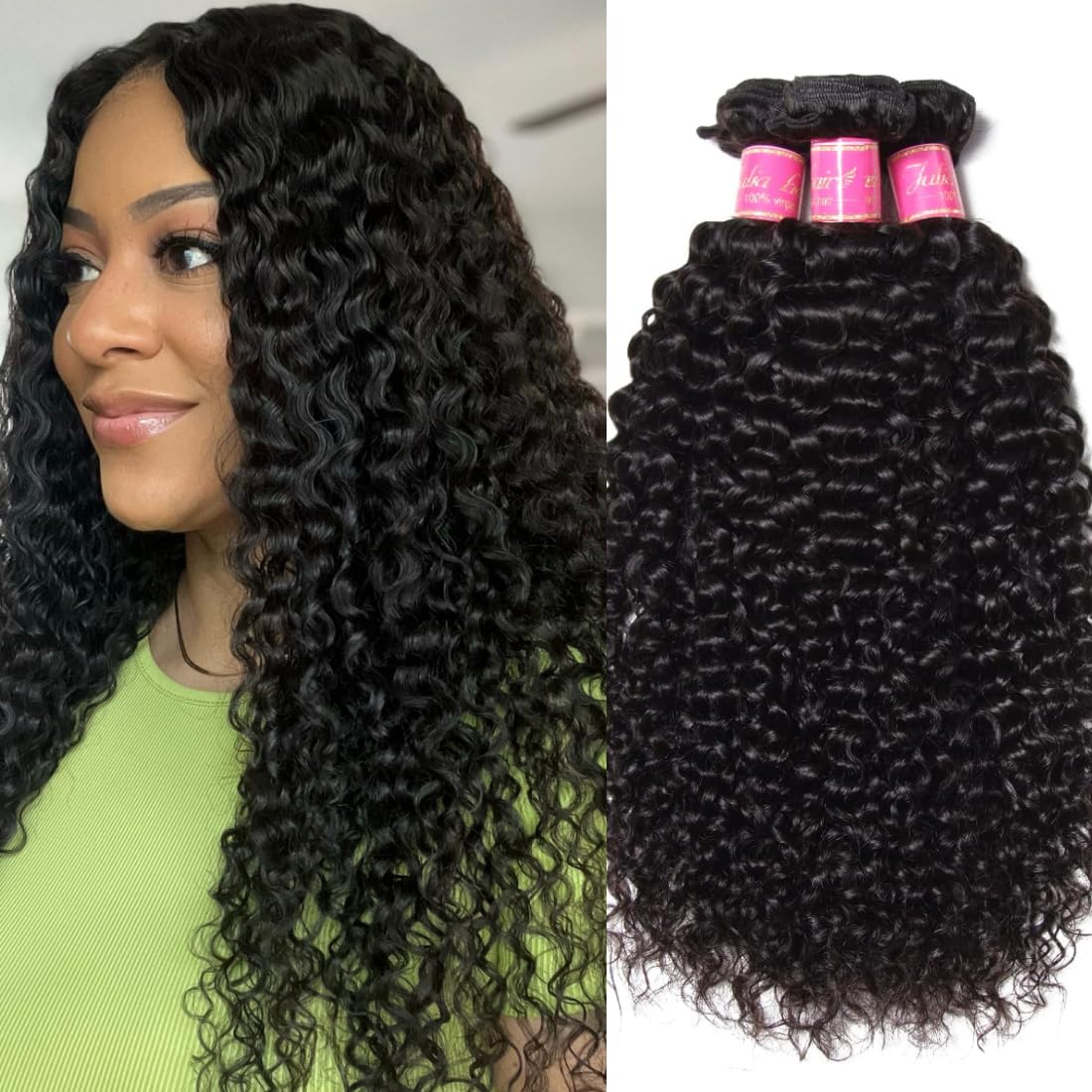 ALI JULIA 3-Pack 10A Malaysian Virgin Curly Hair Extensions - 100% Human Hair Weft (16/18/20 Inch) 95-100g/pc - Natural Black Color for Styling, Volume & Length - Perfect for Daily Wear, Parties & Special Occasions