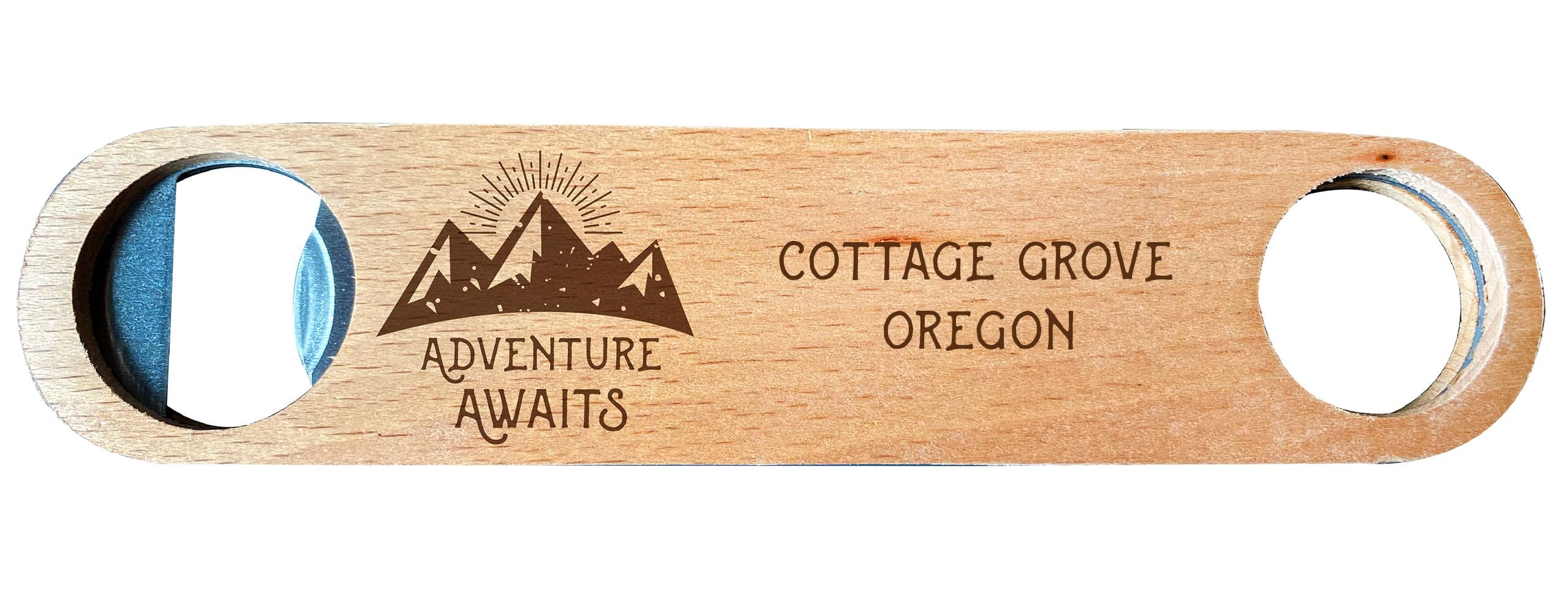 Laser Engraved Wooden Bottle Opener - Cottage Grove Oregon Adventure Awaits Design - Perfect for Camping, Hiking & Outdoor Gifts