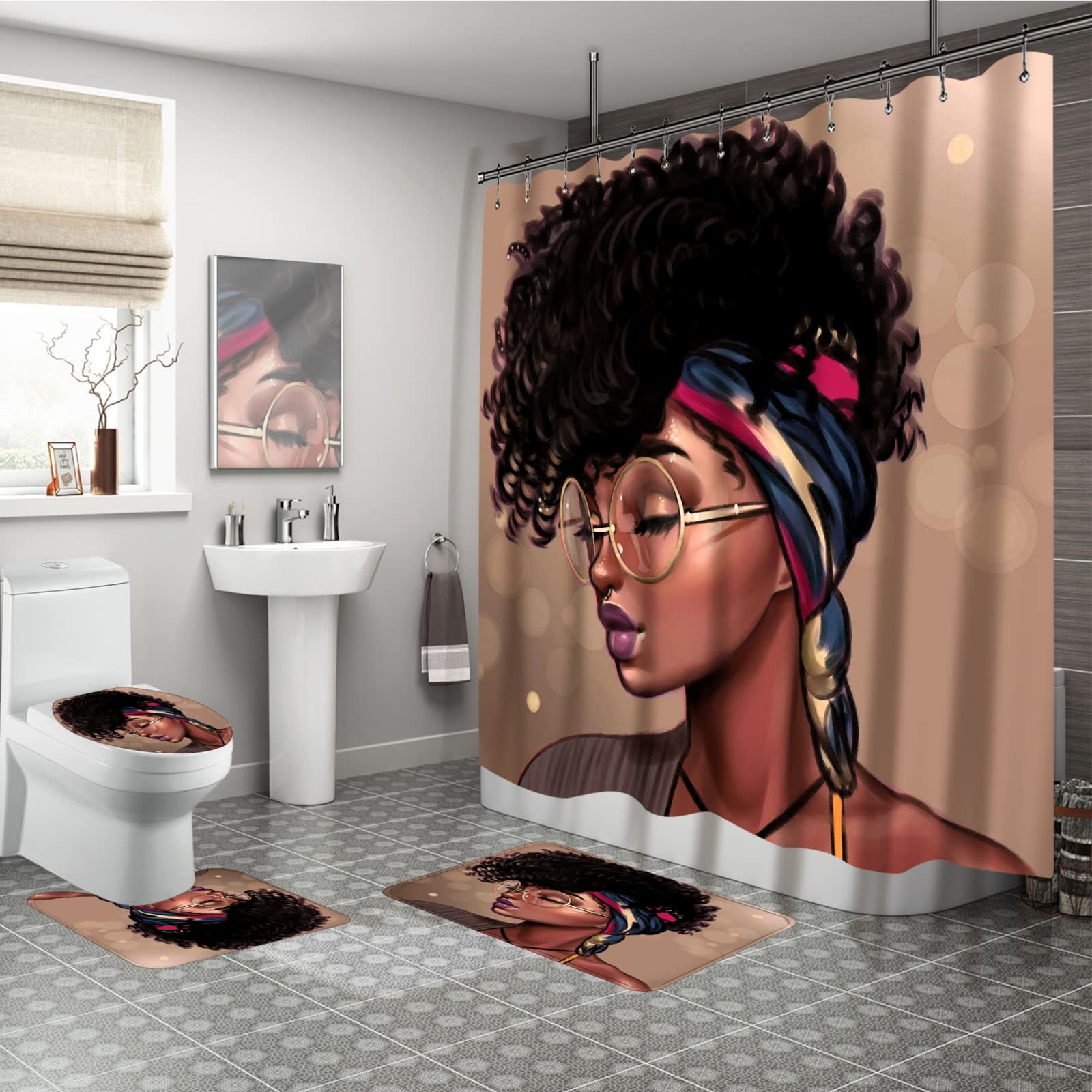 4-Piece Black Girl Bathroom Set with Waterproof Shower Curtain, Rugs & 12 Hooks - Durable African American Bath Decor for Women - Perfect for Modern Bathrooms, Guest Bathrooms & Apartment Decor
