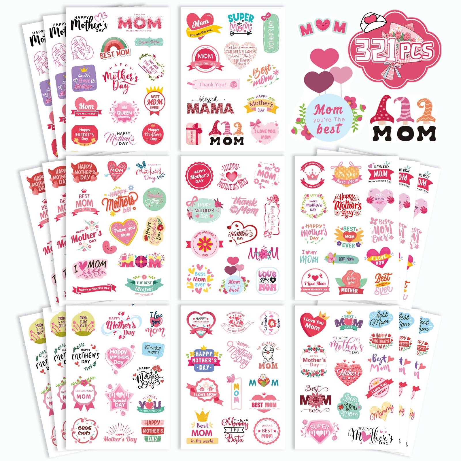 321Pcs Happy Mother's Day Stickers - Cute Mom Stickers for Scrapbooking, DIY Cards, Gift Wrapping & Journaling - Perfect Mothers Day Gift Labels & Decoration