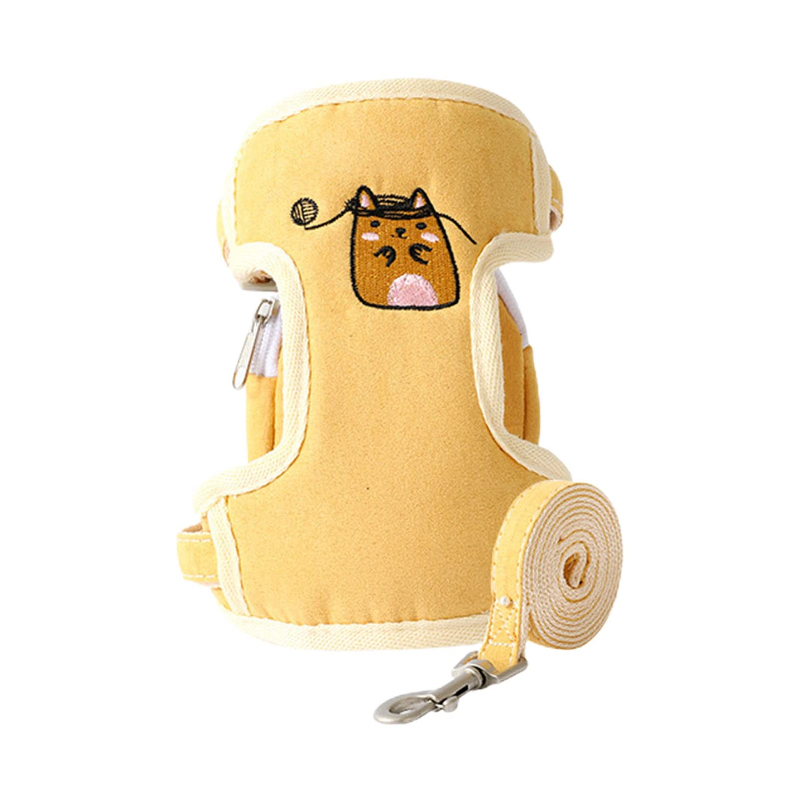 **Adjustable Pet Harness Leash Set with Backpack - Cartoon Print Suede I-Shaped Design for Cats & Dogs - Perfect for Outdoor Walking, Hiking & Travel (Yellow)**