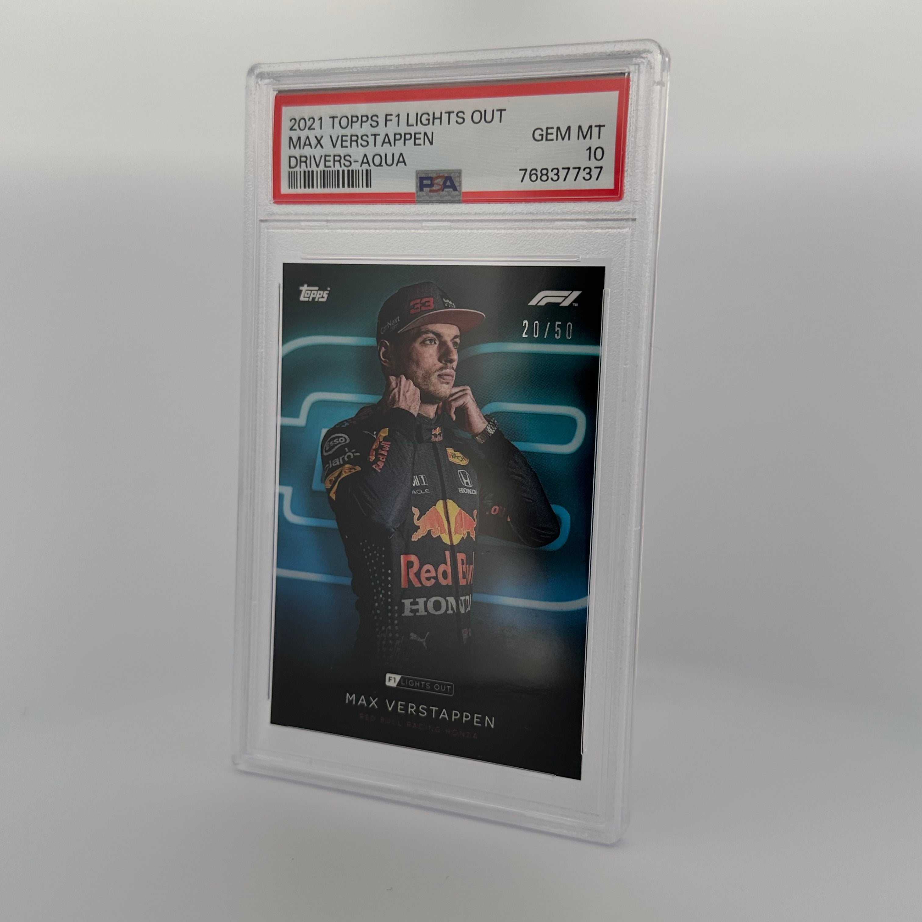 PSA 10 Graded 20/50 Max Verstappen Drivers Aqua - Rare F1 Racing Card for Collectors & Fans - Perfect for Display, Trading, and Investment
