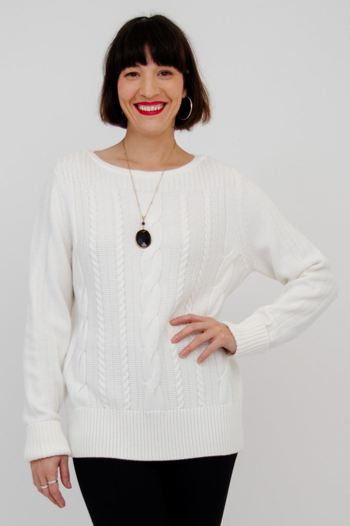 Stylish White Cotton Cora Sweater for Women - Cozy Pullover for Fall & Winter Outfits