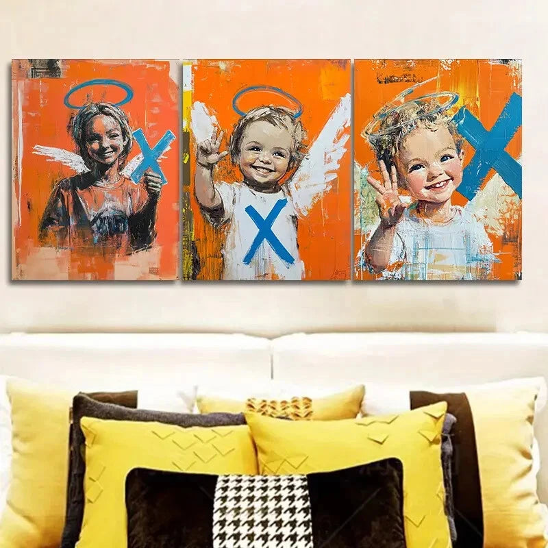 3-Piece Abstract Angel Trio Wall Art Set - Orange & Blue Framed Canvas Paintings 40x60cm - High Quality Print - Ready to Hang - Perfect for Living Room, Bedroom & Office Decor