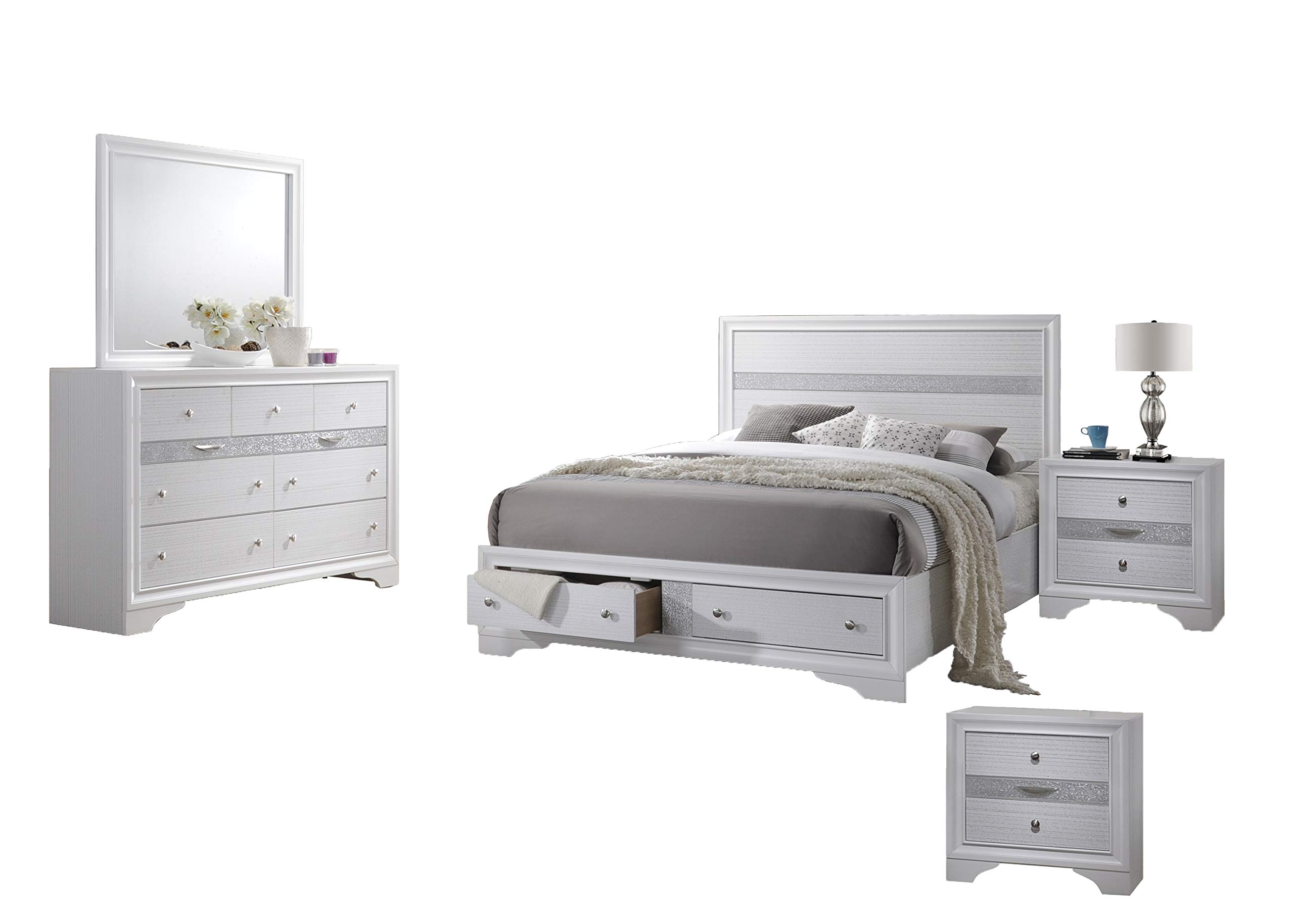 CATHERINE 5-Piece Eastern King Bedroom Set with Dresser, Mirror & 2 Nightstands in White - Perfect for Master Bedroom Decor & Luxury Home Furniture