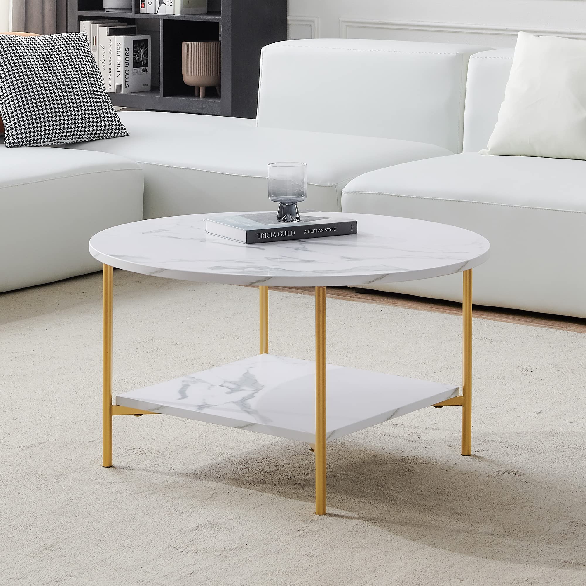 Modern Round Marble Coffee Table with Storage Shelf - Gold Accent Living Room Side Table for Sofa, Lounge & Dining Room - Stylish Home Decor Centerpiece
