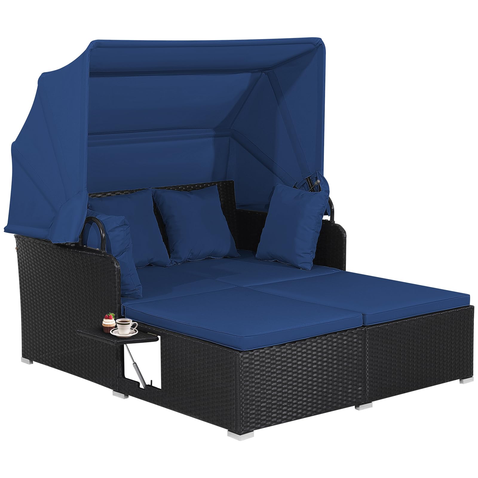 **HAPPYGRILL Outdoor Wicker Lounge Daybed - Hand-Woven PE Rattan Patio Loveseat Sofa Set with Retractable Canopy & 2 Side Tables - Sun Lounger with Soft Cushions (Navy) - Perfect for Poolside, Garden, or Backyard Relaxation**
