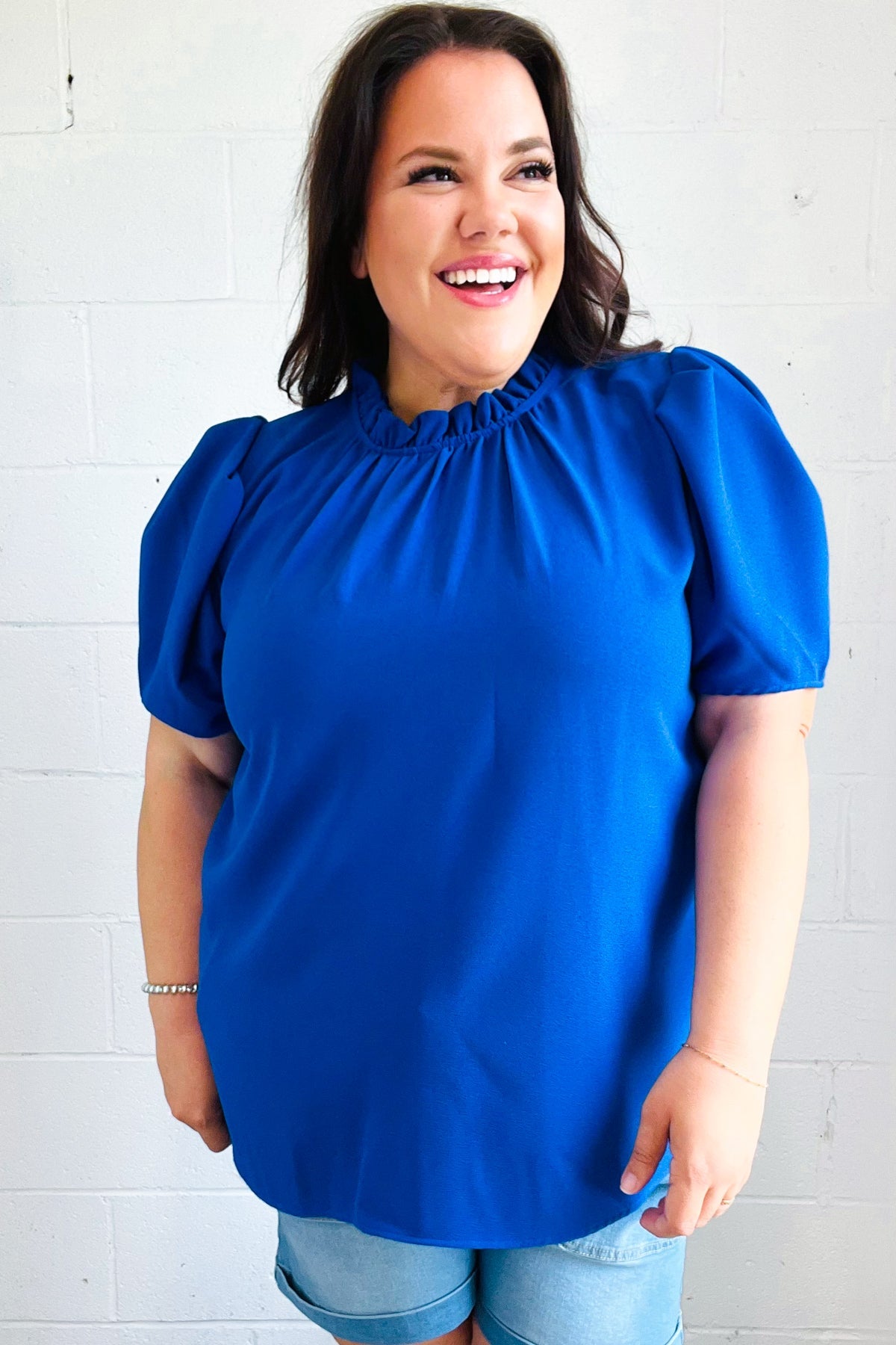 Stylish Blue Frill Mock Neck Woven Top for Women - Perfect for Holiday Parties & Casual Outings