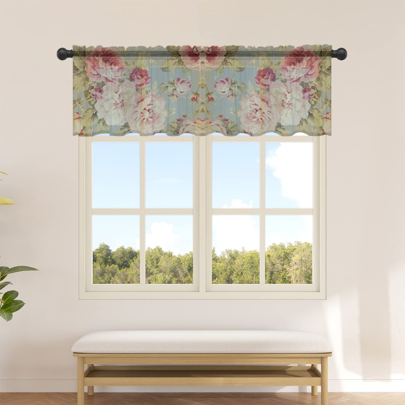 Vintage Watercolor Farmhouse Floral Window Valance Curtain - Rod Pocket Kitchen Short Curtains with Blossom Design - 54x18 Inch Privacy Window Treatment for Bedroom, Bathroom & Living Room - Perfect for Farmhouse, Cottage & Boho Home Decor