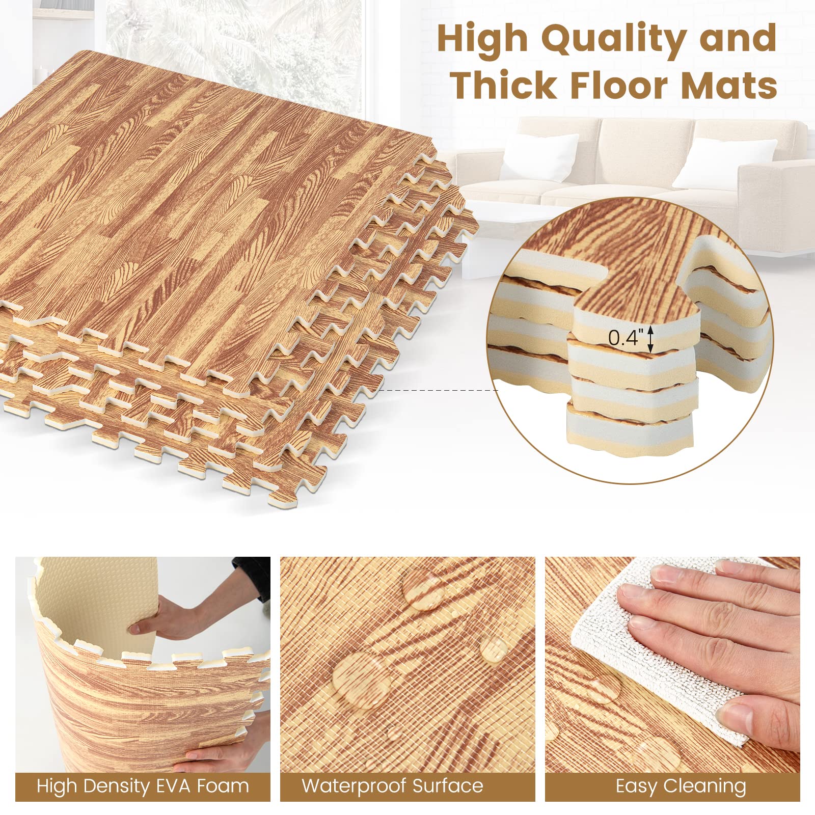 Giantex Foam Floor Tiles - 24 Pack Interlocking EVA Puzzle Mats with 48 Edge Pieces (96 sq.ft Coverage) - Wood Grain Textured Non-Slip Flooring for Playrooms, Basements, Kitchens & Farmhouse Decor - Perfect for Kids Play Areas, Home Gym & Nursery Floor Protection