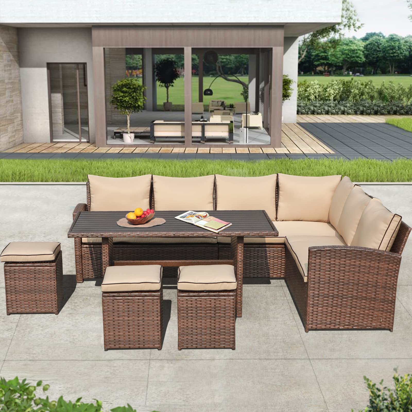 COBANA 7-Piece All-Weather Wicker Patio Furniture Set - Outdoor Sectional Sofa with Dining Table & Chairs, Beige - Perfect for Backyard, Garden & Poolside Relaxation