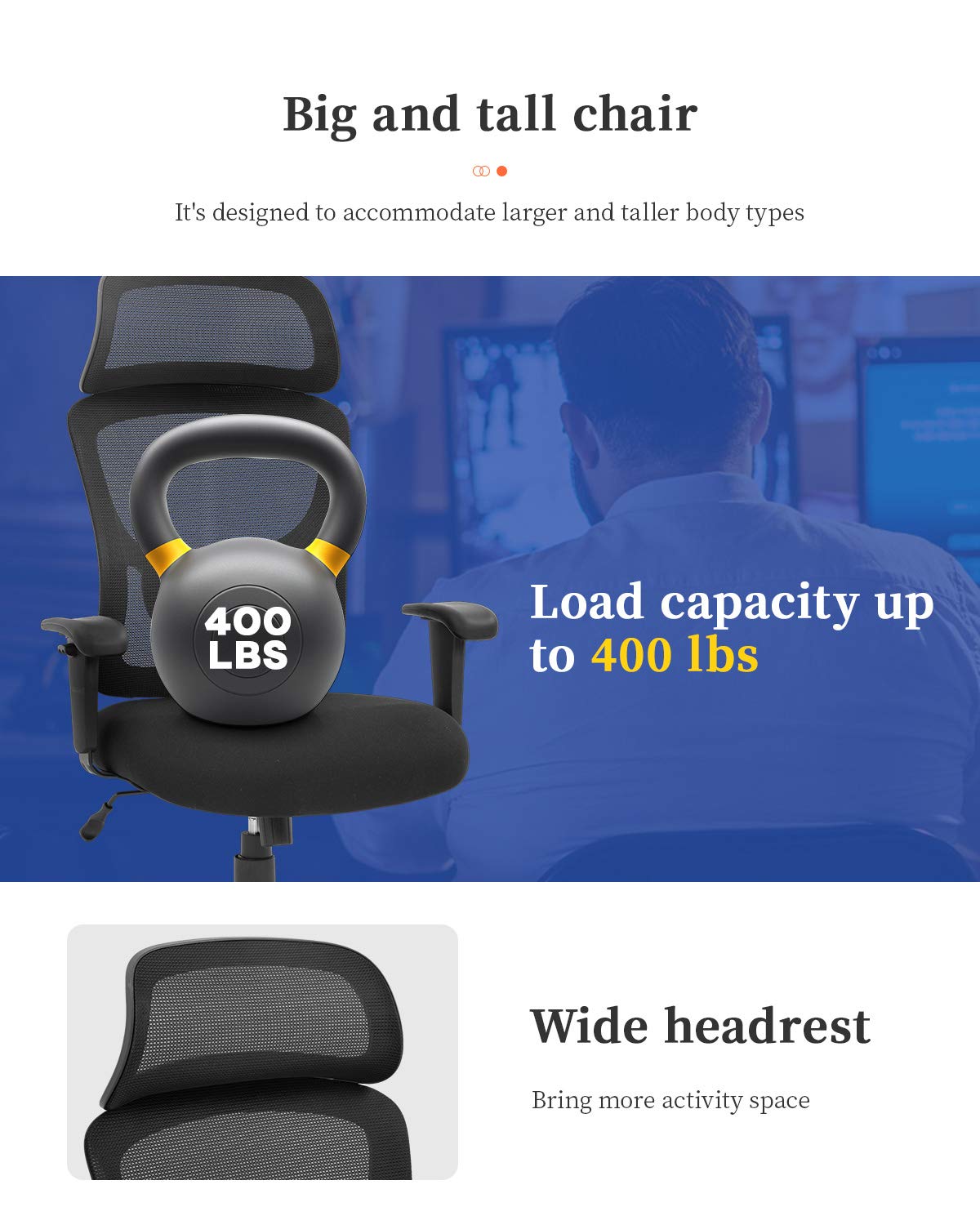 Big and Tall Office Chair - Ergonomic Executive Desk Chair with Lumbar Support, 400lbs Weight Capacity, Adjustable Armrest & Headrest, High Back Mesh Computer Chair for Home & Office (Black) - Perfect for Long Work Hours and Comfortable Seating