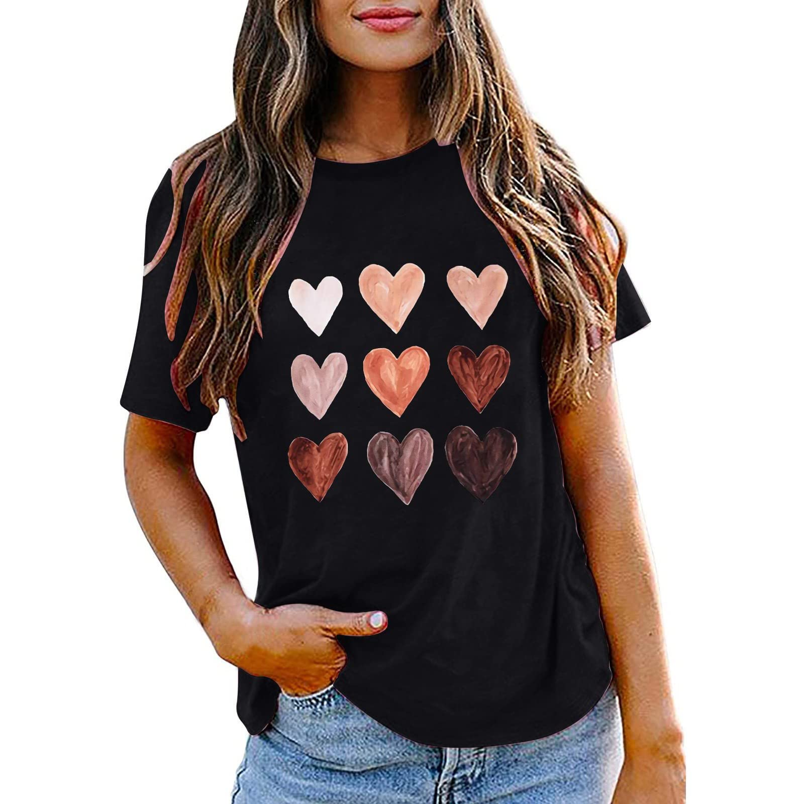 Women's Short Sleeve Summer Blouse - Flowy Casual Graphic Tunic Tee with Heart Print | Round Neck Loose Fit T-Shirt for Beach, Vacation & Everyday Wear
