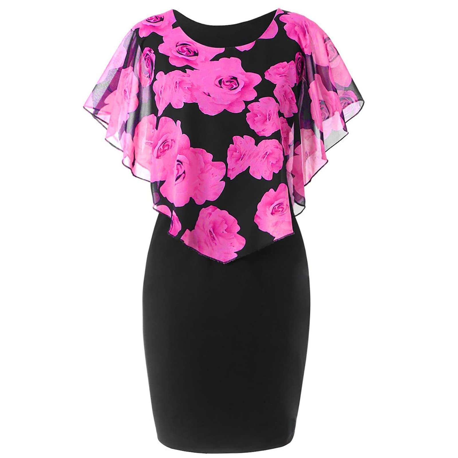 FAVIPT Women's Casual Rose Print Batwing Sleeve Bodycon Dress - Sleeveless Cape Overlay Midi Dress for Party, Date Night & Summer Outfits 2022