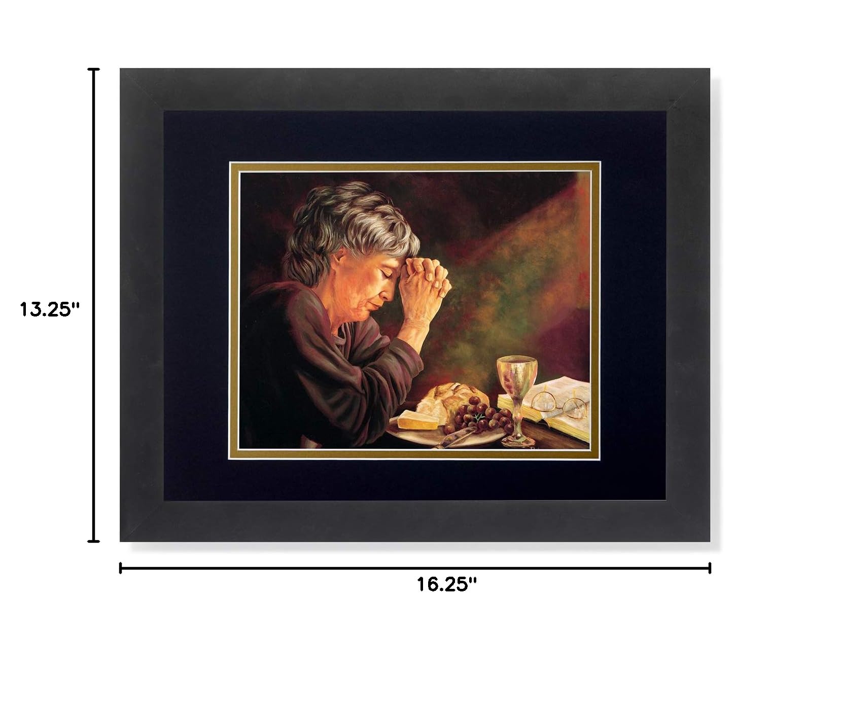 Religious Framed Wall Art Print - Gratitude Lady Praying at Dinner Table, Daily Bread Grace, 13x16 Matted & Framed - Perfect for Home Decor, Kitchen, Dining Room, Church & Spiritual Spaces