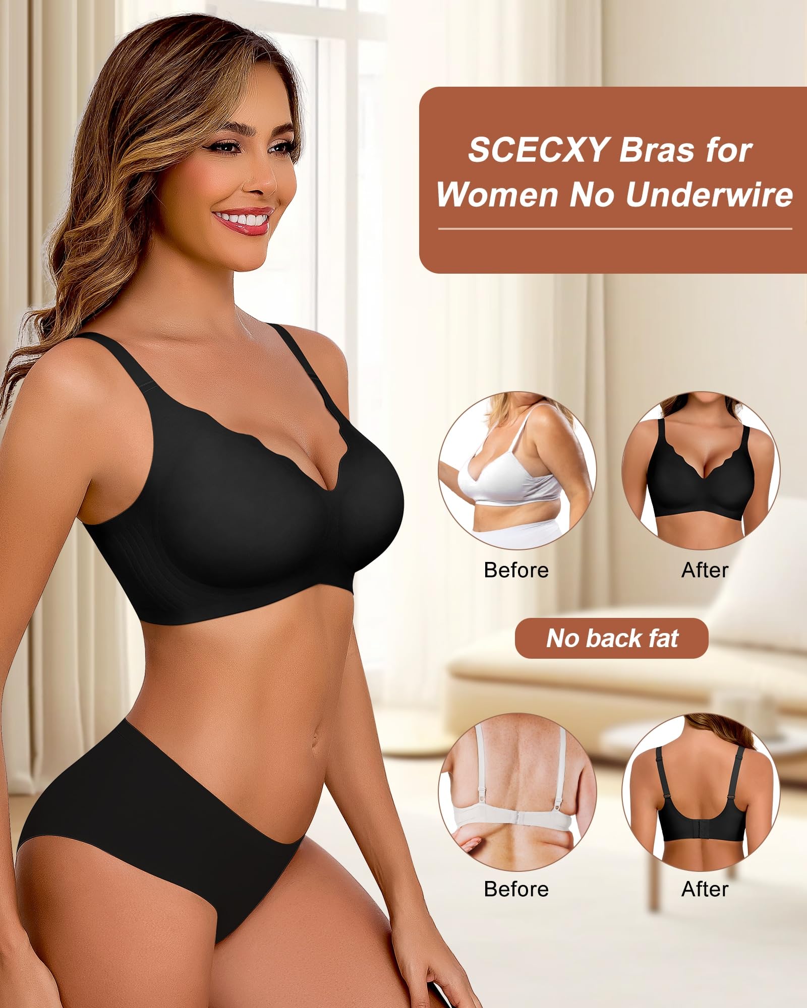 Women's Comfortable Supportive Bralettes - No Underwire Full Coverage Seamless Padded Bras with Scalloped Design for Everyday Wear, Yoga & Lounge