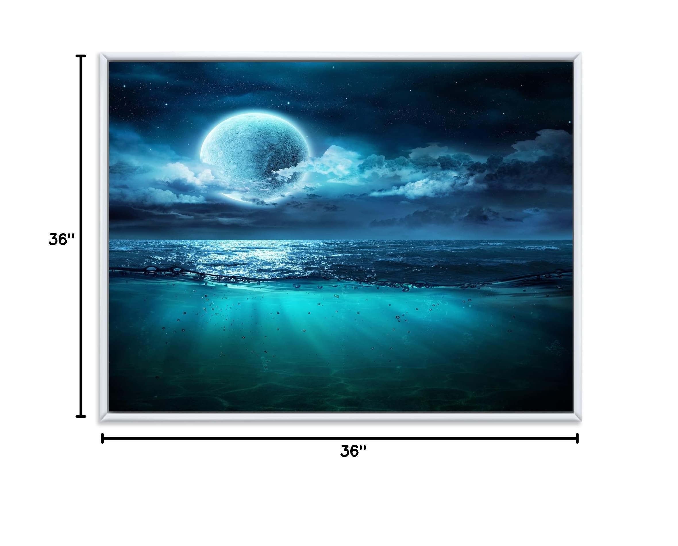 DesignQ Romantic Moon Over Deep Blue Sea II - Coastal Framed Canvas Wall Art Print for Living Room, Bedroom & Office Decor | Nautical Home Decor | Ready to Hang