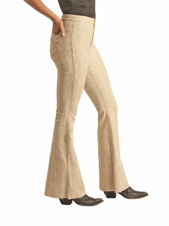 Women's Reversible Rock & Roll Denim Flare Pants with Button Front & Boot Stitch Detail - Natural Wash for Casual Wear and Music Festivals