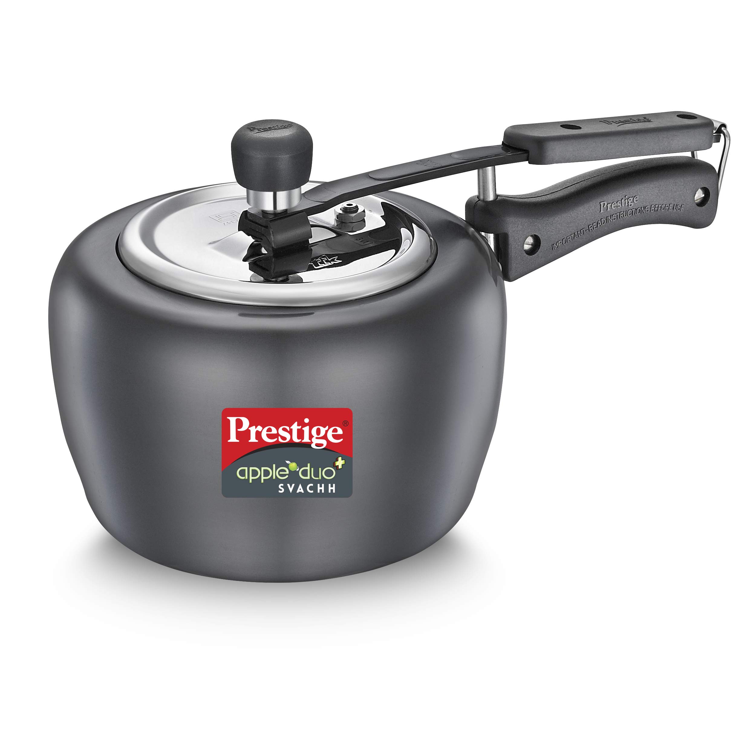 Prestige Apple Duo Plus Svachh Hard Anodised Aluminium Pressure Cooker 3.0L Black - Fast Cooking for Indian & Asian Cuisine, Perfect for Rice, Dal & Biryani