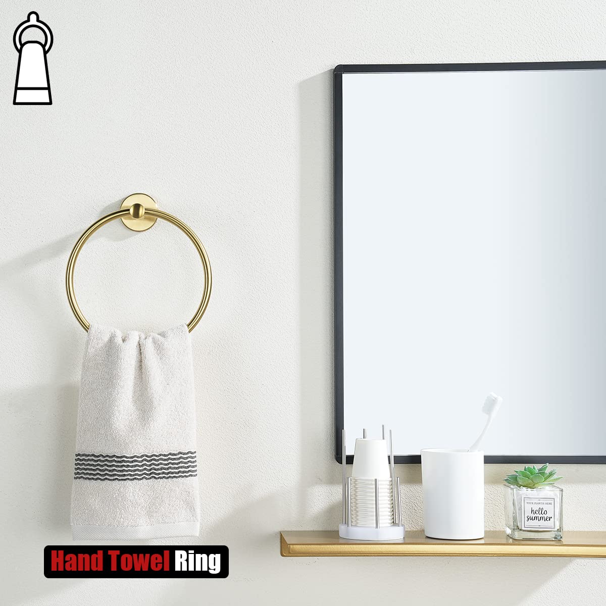 JQK Brass Gold Towel Ring - 304 Stainless Steel Bathroom Hand Towel Holder - Wall Mounted Brushed Gold Finish (TR130-BG) - Perfect for Modern Bathroom & Powder Room Decor