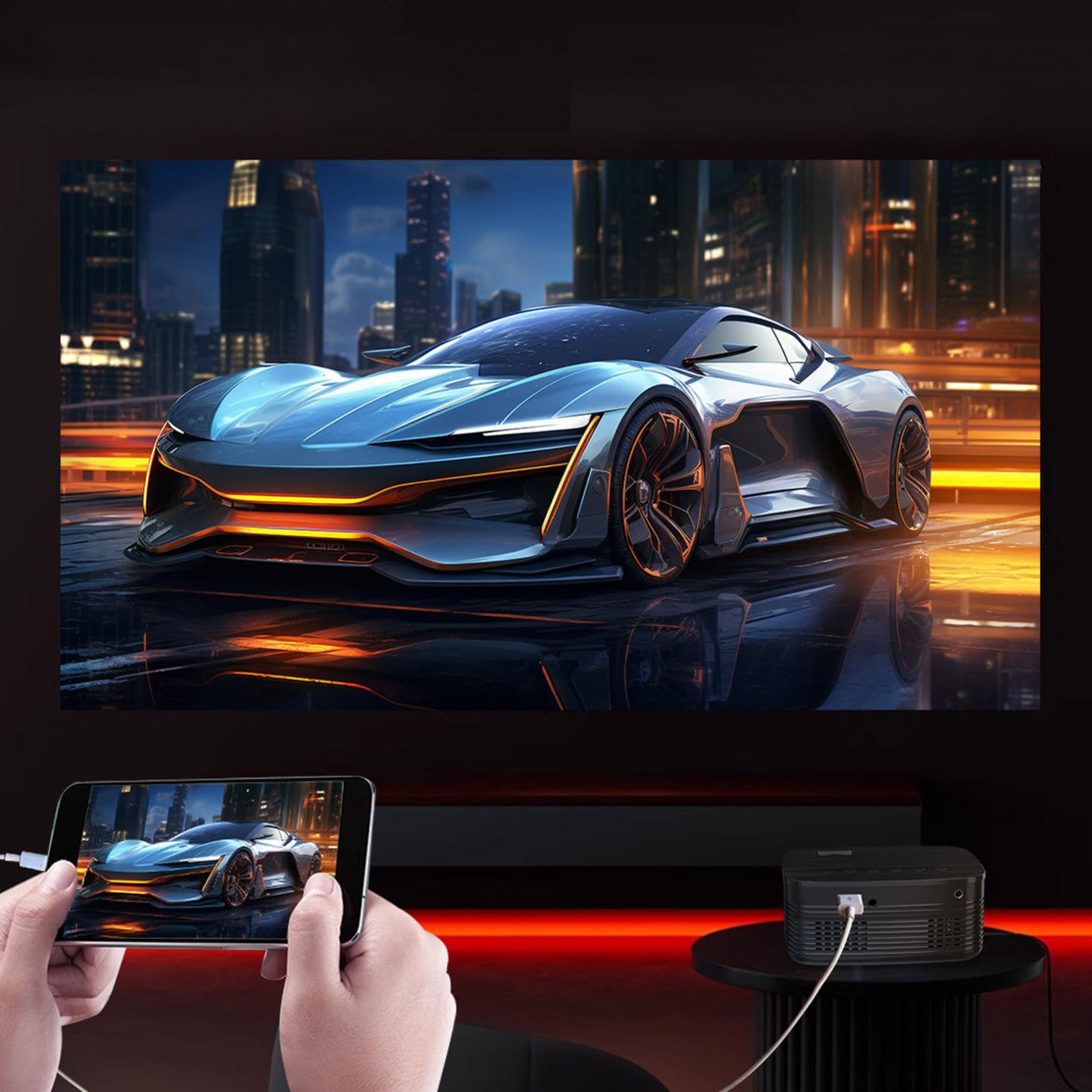 HCPZL 100-inch Wireless WiFi Smartphone Screen Mirroring Projector, Portable Outdoor Movie Projector for Camping & Backyard, Home Theater HD LED Mini Projector with Bluetooth Speaker - Native 1080P Full HD (Black) - Perfect for Movie Nights, Gaming & Presentations