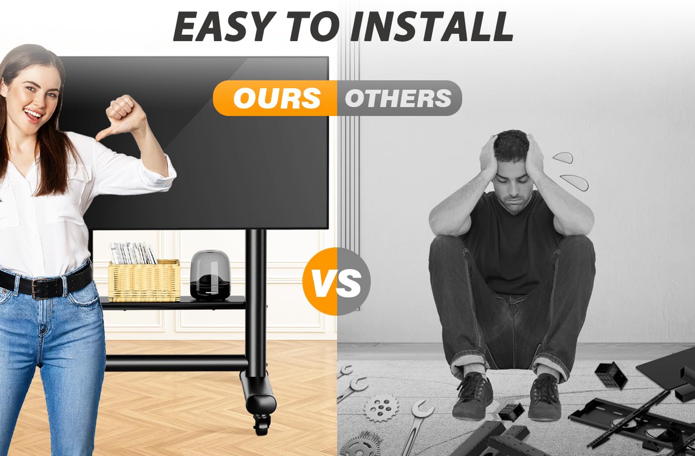 Heavy Duty Rolling TV Stand for 50-92 Inch Large TVs up to 150 Lbs - Height Adjustable Mobile TV Cart with Storage Shelf - Upgraded Portable TV Stand on Wheels for Living Room, Office, Trade Show - Perfect for Home Theater, Conference Rooms & Commercial Displays