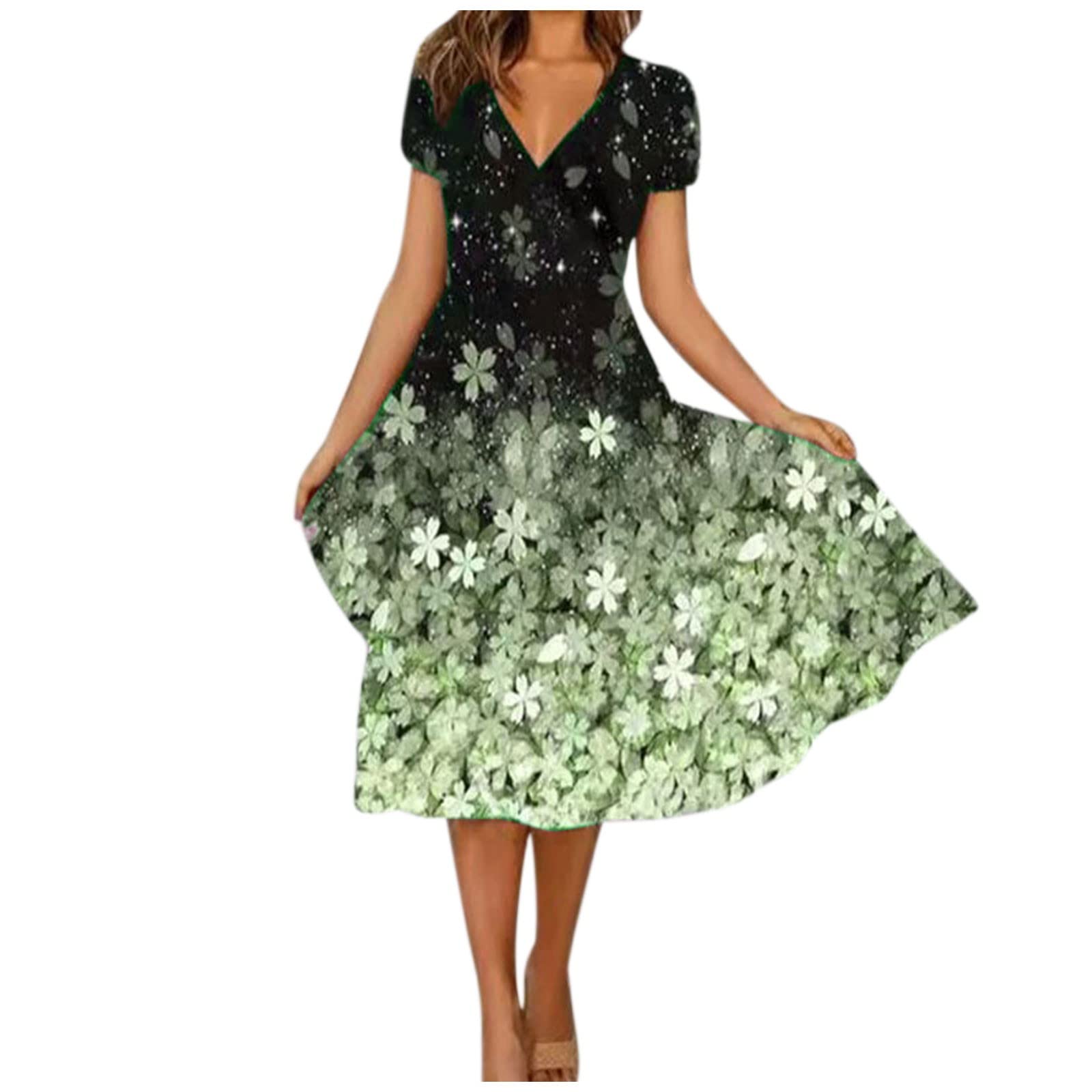 Floral Print Short Sleeve V-Neck Midi Dress for Women - Casual Swing Beach Sundress for Summer Outings, Vacations & Date Nights