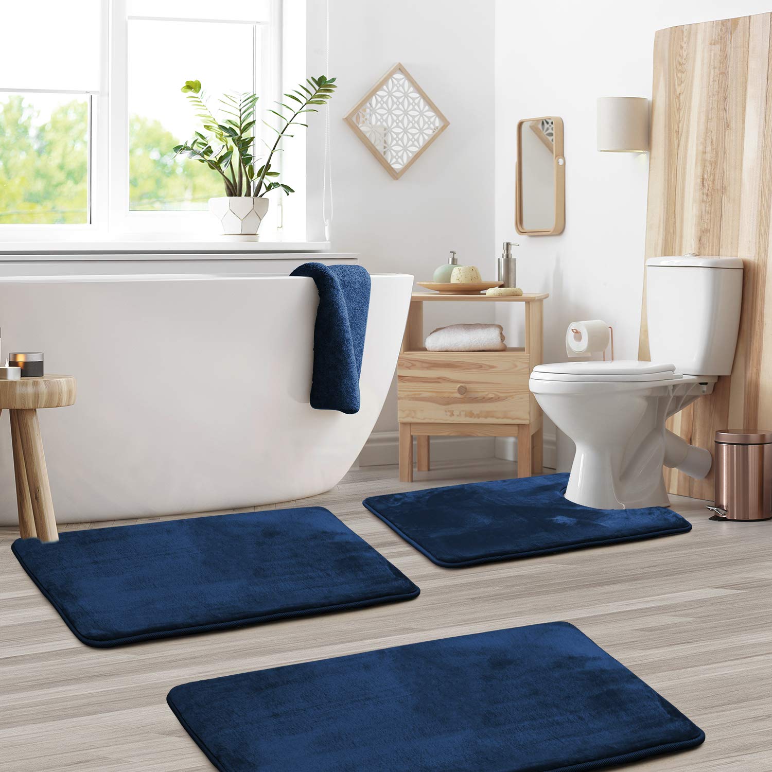 Clara Clark Memory Foam Bath Mat Set - Ultra Soft Absorbent Non-Slip Bathroom Rugs with Quick Dry Technology - 3 Piece Contour Rug Set (20x32, 17x24, 19x24 Inches) Navy Blue - Perfect for Bathroom, Shower & Spa Areas