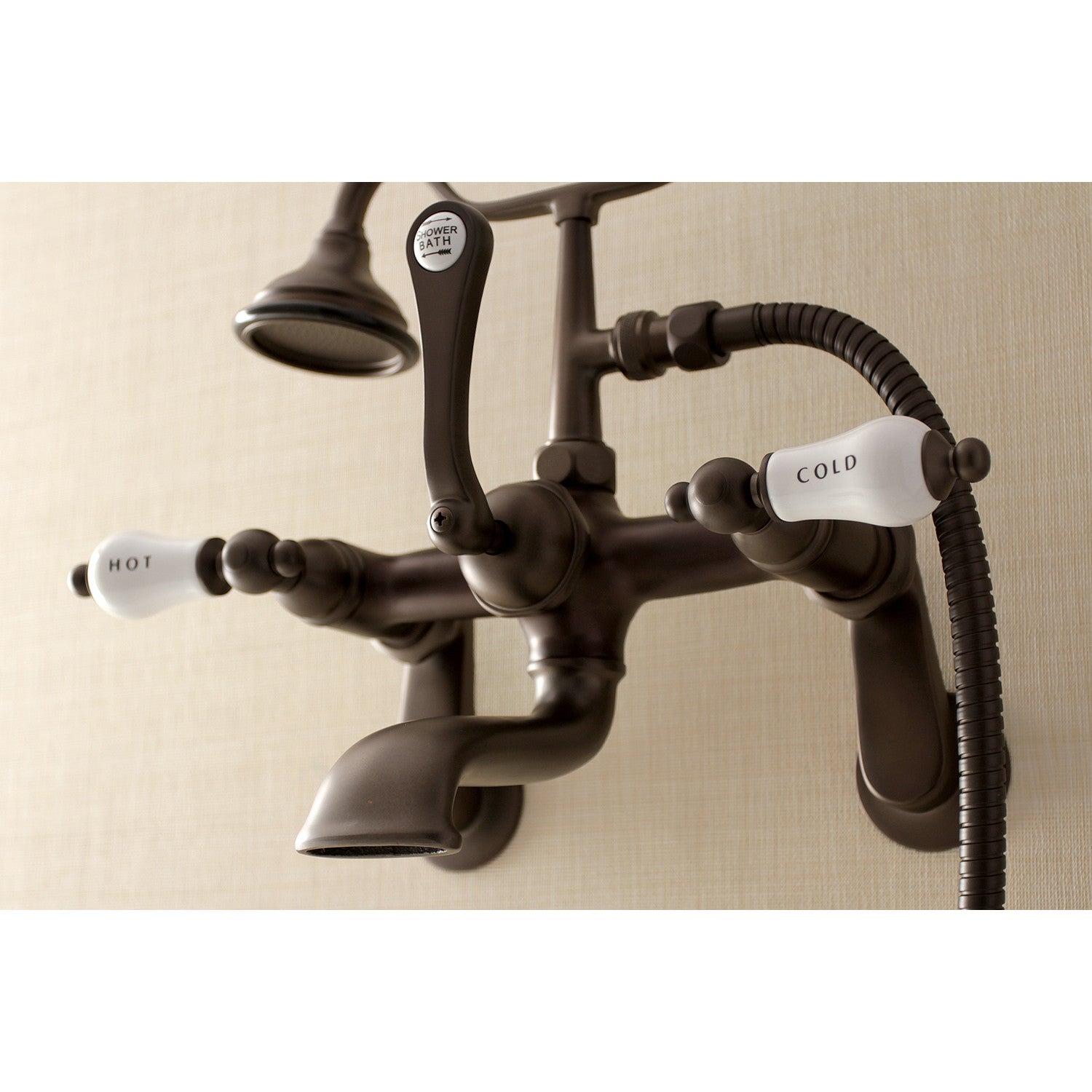 Vintage AE53T5 3-Handle 2-Hole Wall Mount Clawfoot Tub Faucet with Hand Shower in Oil Rubbed Bronze - Perfect for Classic Bathroom Renovations & Luxury Spa Retreats