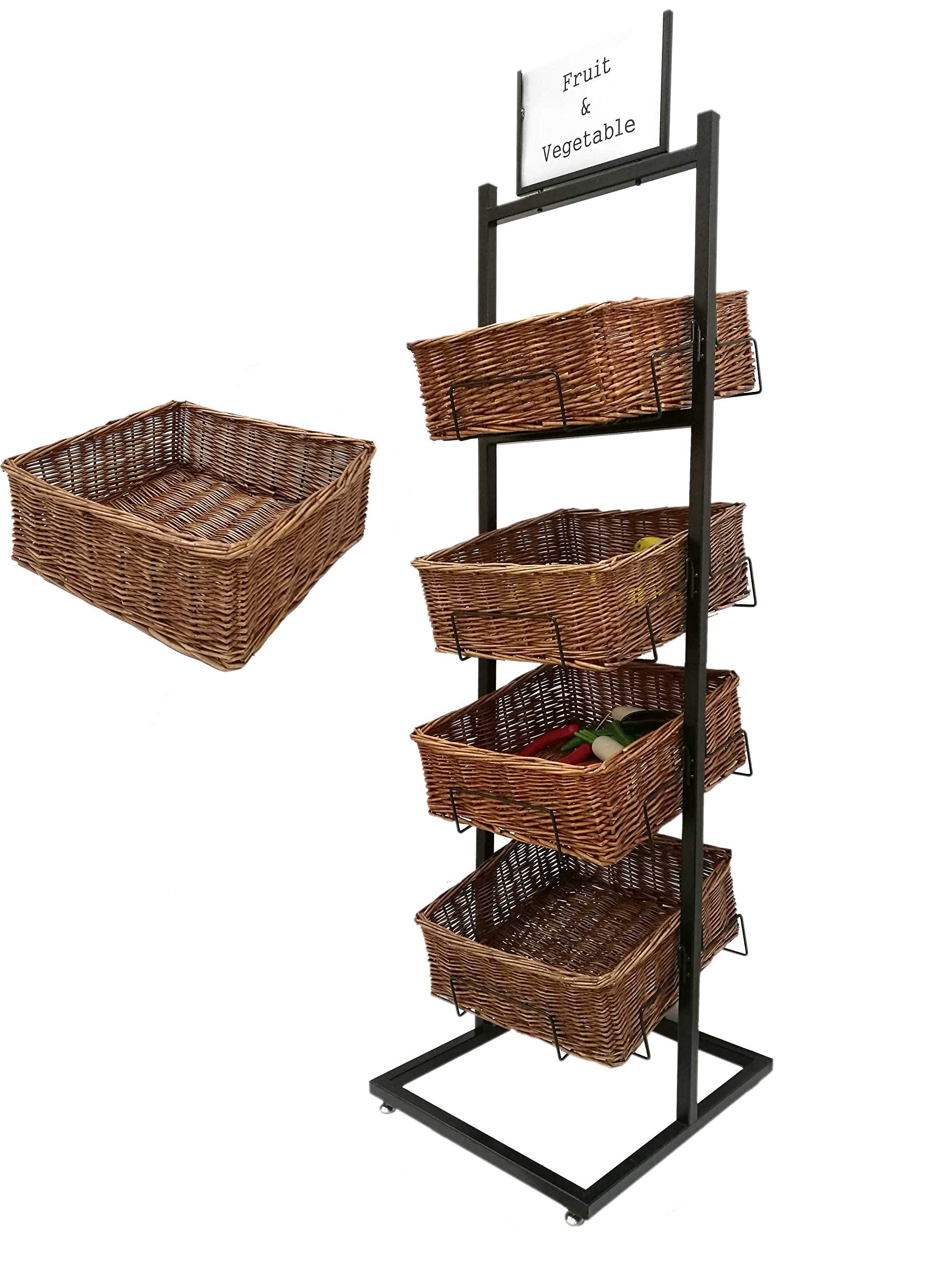 FixtureDisplays® 4-Tier Black Wicker Basket Stand - Perfect for Bakery, Produce, and Fruit Display in Stores, Farmers Markets, and Kitchen Organization