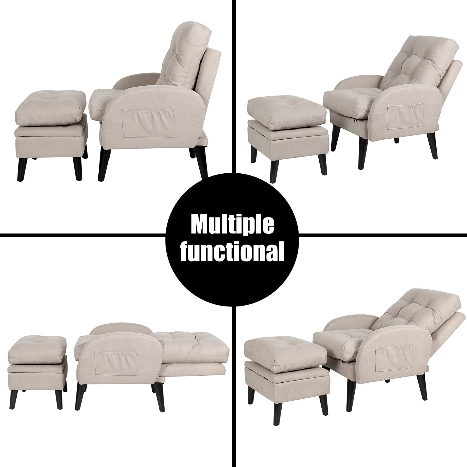 ELUCHANG Accent Chairs with Ottoman - Adjustable Backrest & Storage Footrest, Upholstered Comfy Armchair for Living Room, Bedroom - Light Grey Linen Fabric | Perfect for Reading, Relaxing & Leisure Time