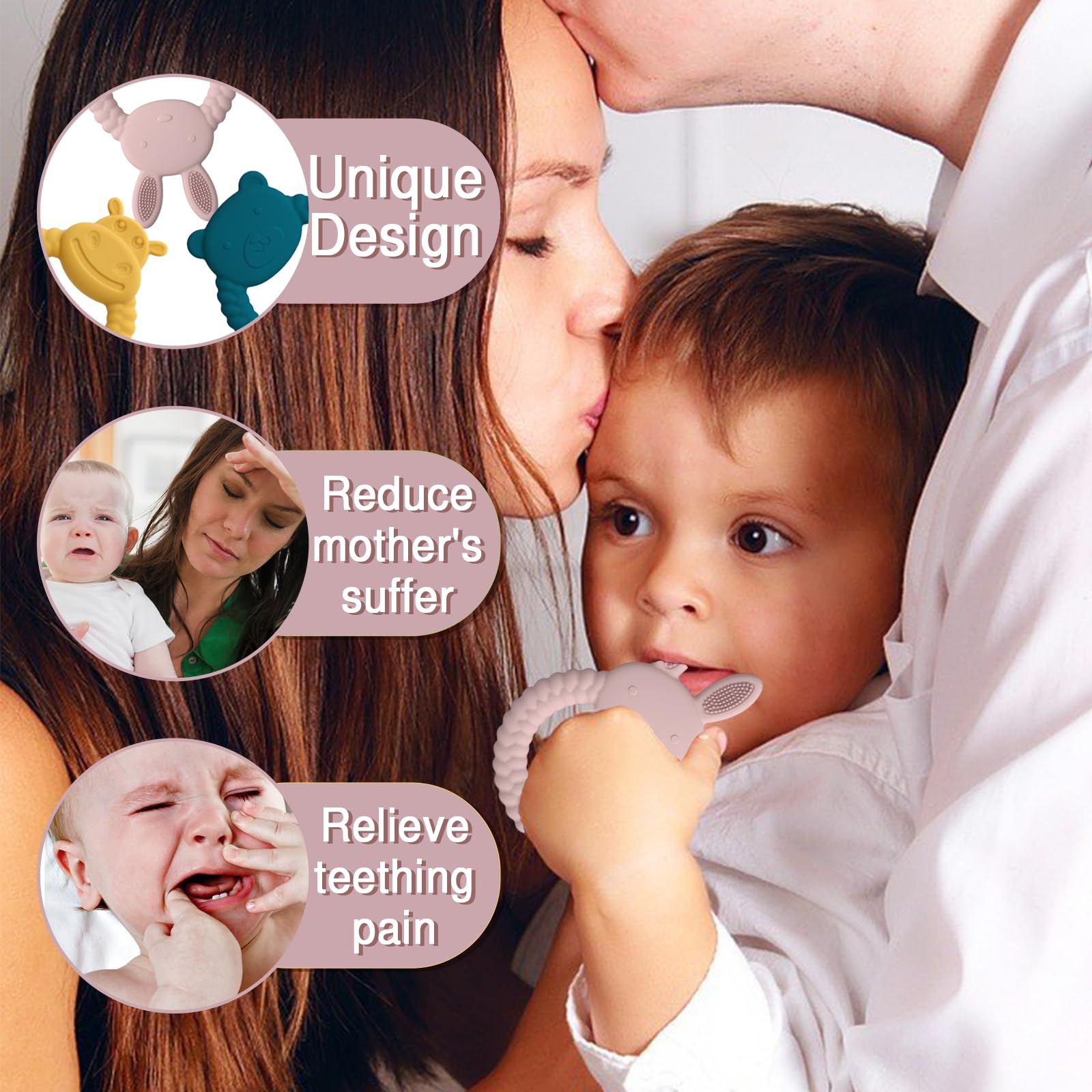 Organic Silicone Teething Toys for Babies 0-6 Months - 3 Pack BPA-Free Animal Teething Rings (Cow, Rabbit, Bear) | Soothing Infant Chew Toys for Teething Relief | Perfect for Daycare, Travel & Home Use
