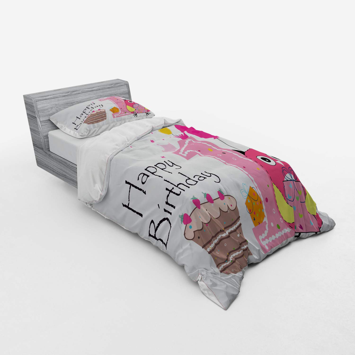 Ambesonne Twin XL 3-Piece Duvet Cover Set - 1st Birthday Cartoon Owl Design with Cake & Candle, Brown Hot Pink Bedding with Sham & Fitted Sheet | Perfect for Baby's First Birthday Gift, Nursery Decor & Toddler Room Theme