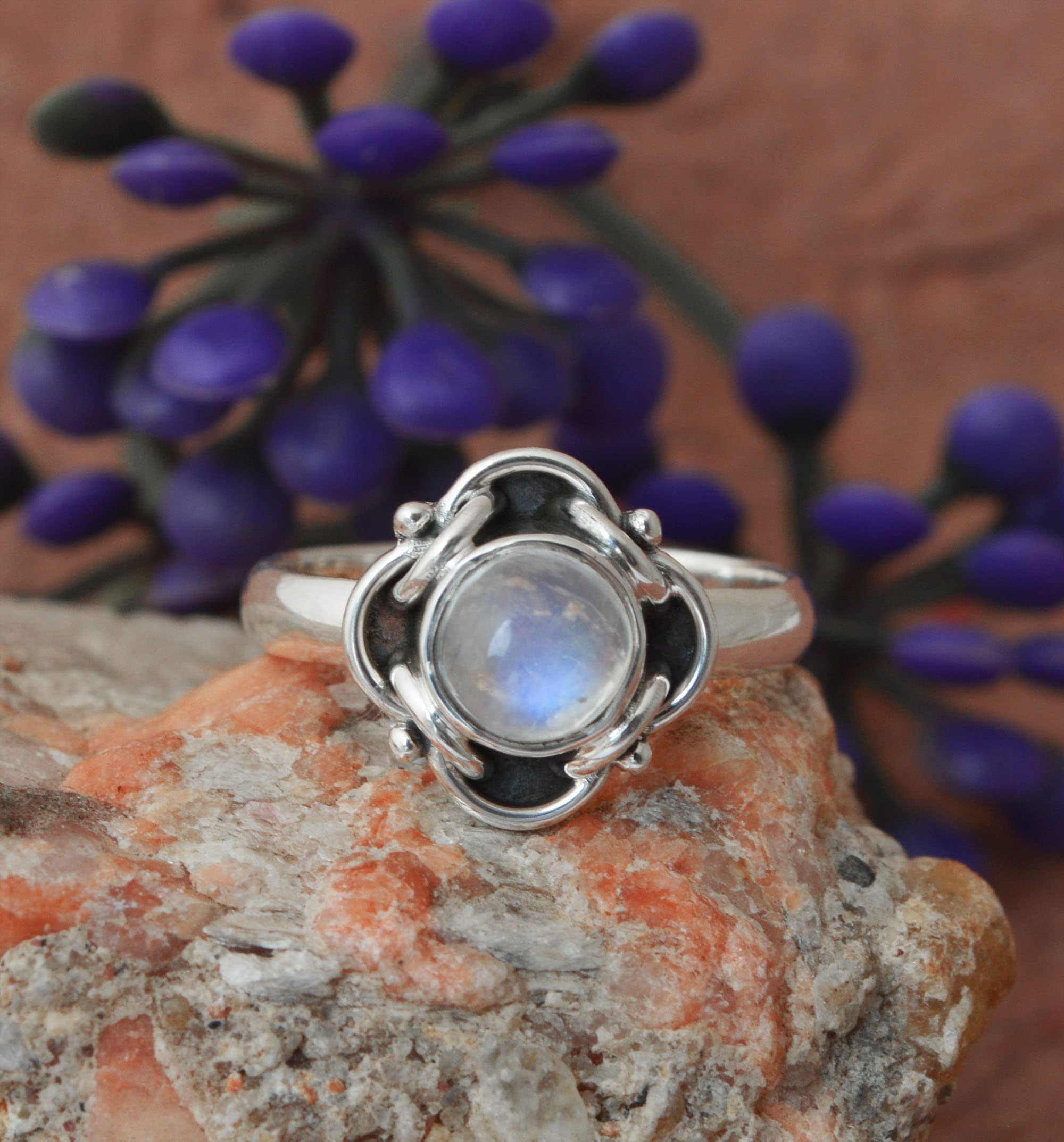 Natural Moonstone Ring for Women - 925 Sterling Silver Handmade Bohemian Jewelry, Round Moonstone Gemstone, Minimalist Mother's Gift (Size 7) | Perfect for Weddings, Date Nights & Boho Fashion
