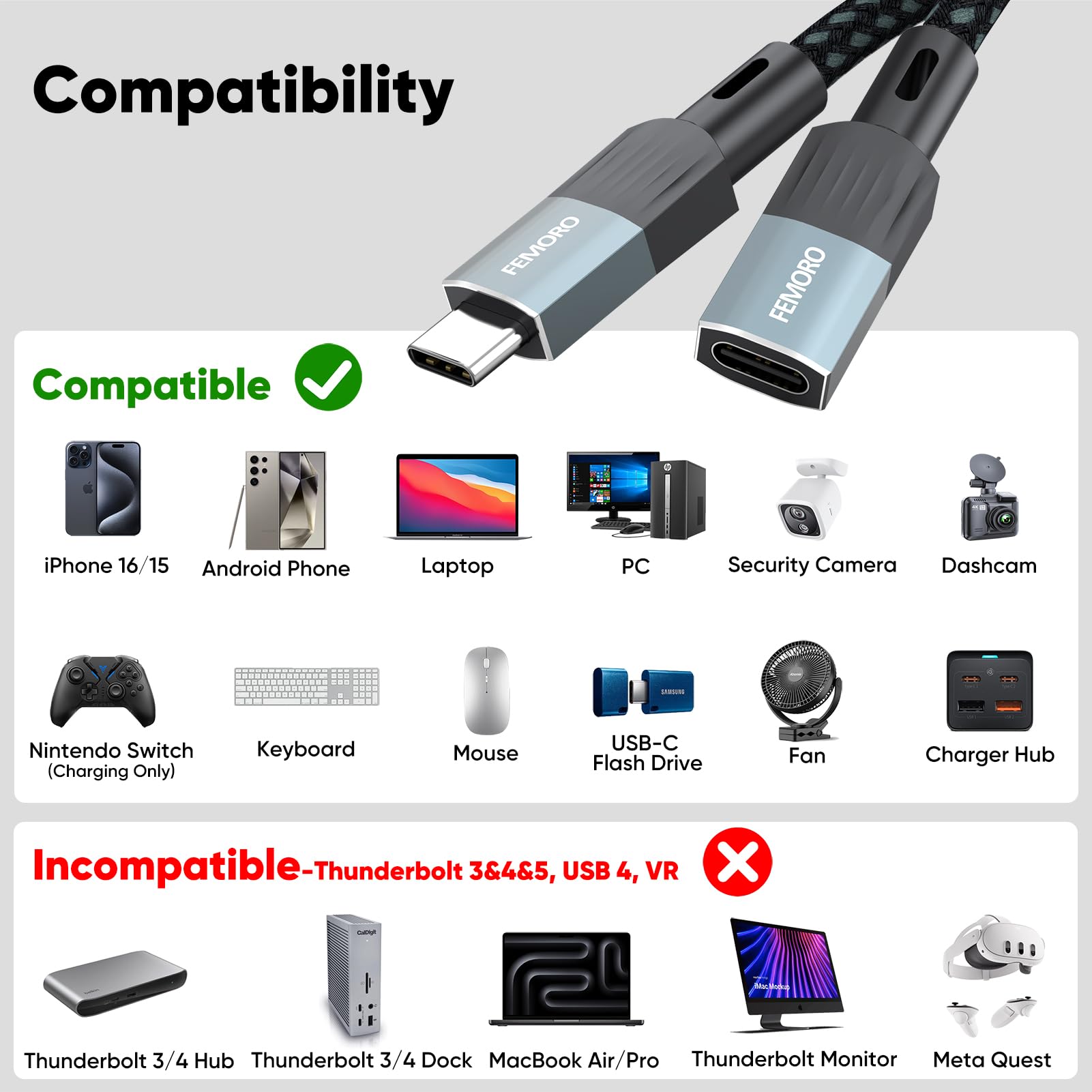 10Ft USB C Extension Cable - 100W Fast Charging, 10Gbps Data Transfer, 4K@60Hz Video - USB-C 3.2 Male to Female Extender for iPhone 16, Galaxy S25/S24, MacBook, Laptop, SSD - Perfect for Home Office, Gaming & Travel Charging