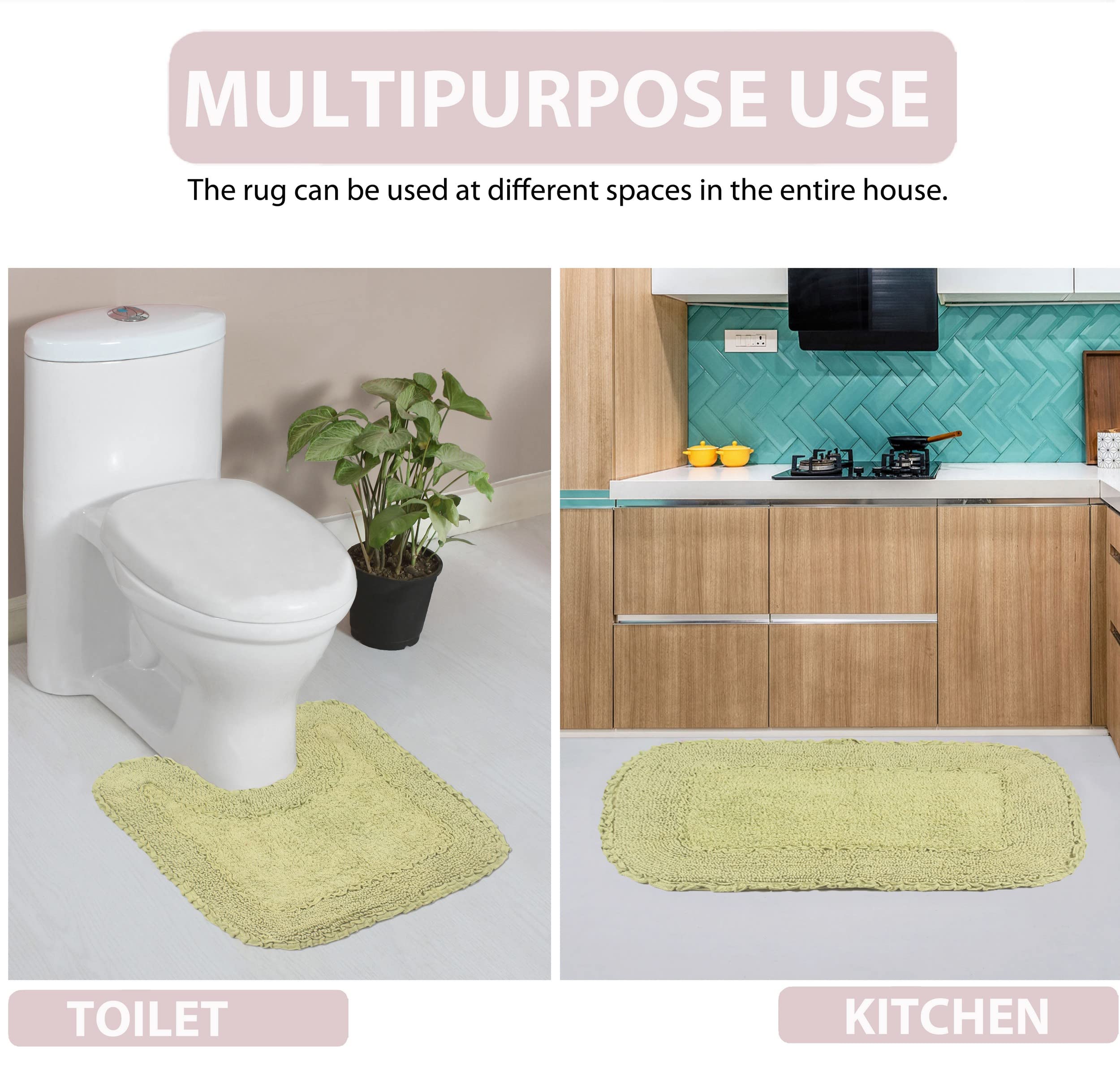 Premium 100% Cotton Bathroom Rugs Set - Ultra Soft, Absorbent & Washable - Non-Slip Bath Mat for Bathroom & Kitchen - 3 Piece Contour Set (Green) - Perfect for Spa-Like Comfort & Safety in Wet Areas