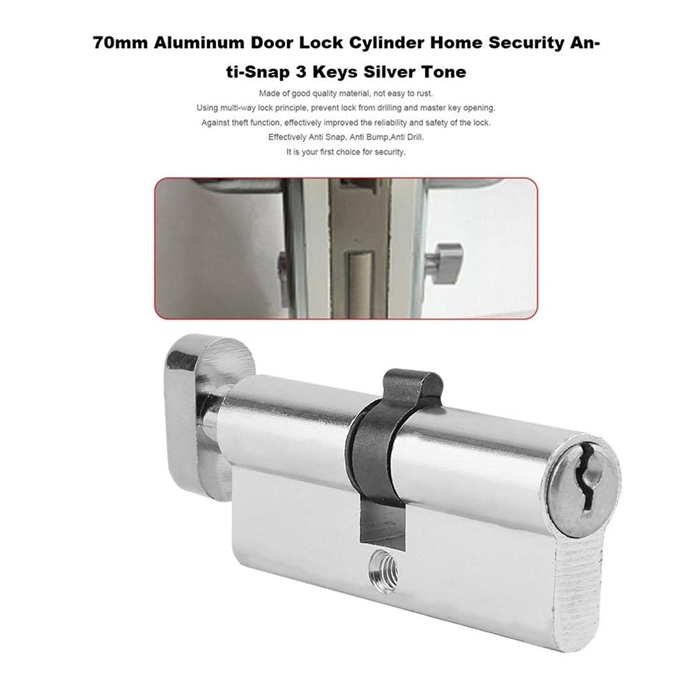 High Security Anti-Pick Door Lock Cylinder - 70mm Aluminum Metal Anti-Snap Anti-Drill Lock with 3 Keys (Silver) - Ideal for Home, Office & Apartment Security Protection