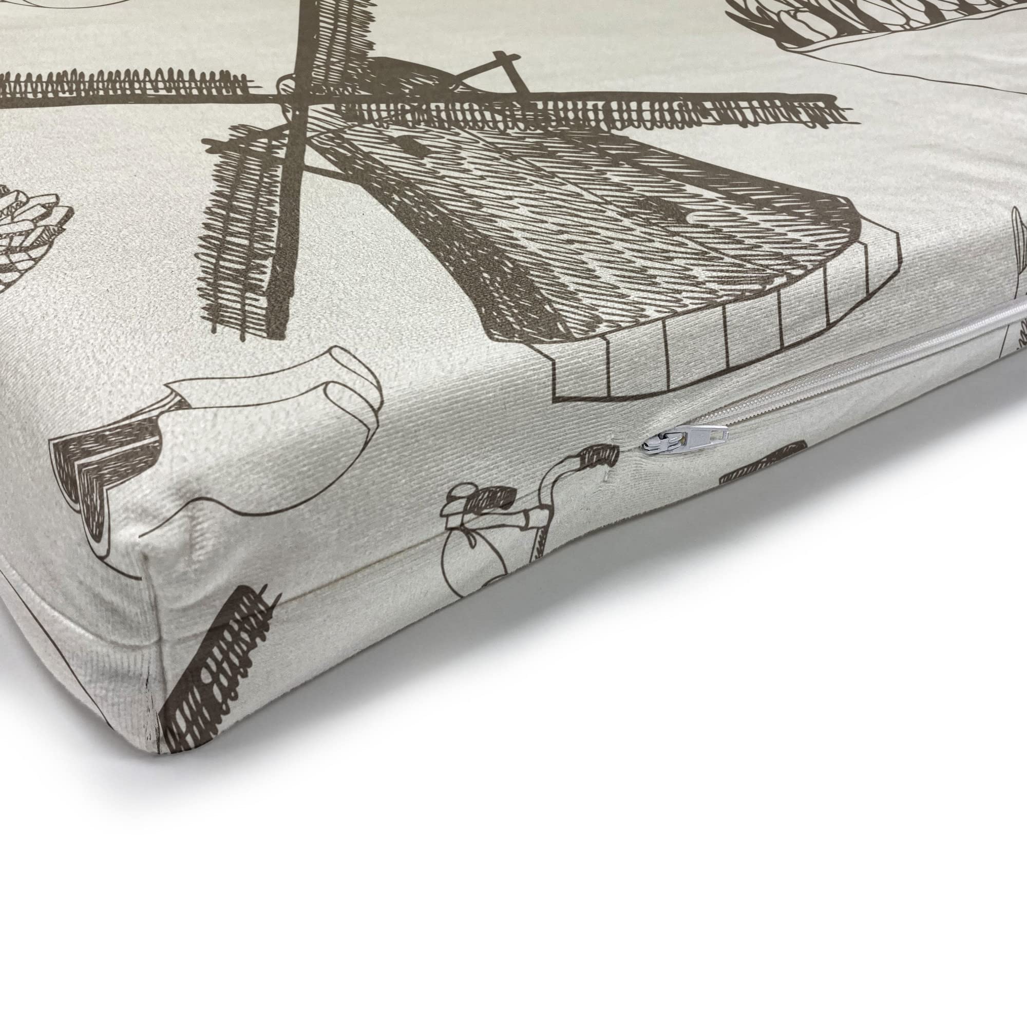 Ambesonne Dutch Bench Cushion - Traditional Netherlands Windmill & Tulip Design, Hand-Drawn Artwork, 45x15x2 Inch HR Foam Seat Pad with Decorative Fabric Cover (Brown/White) - Perfect for Porch, Patio, Garden Bench or Window Seat Decor