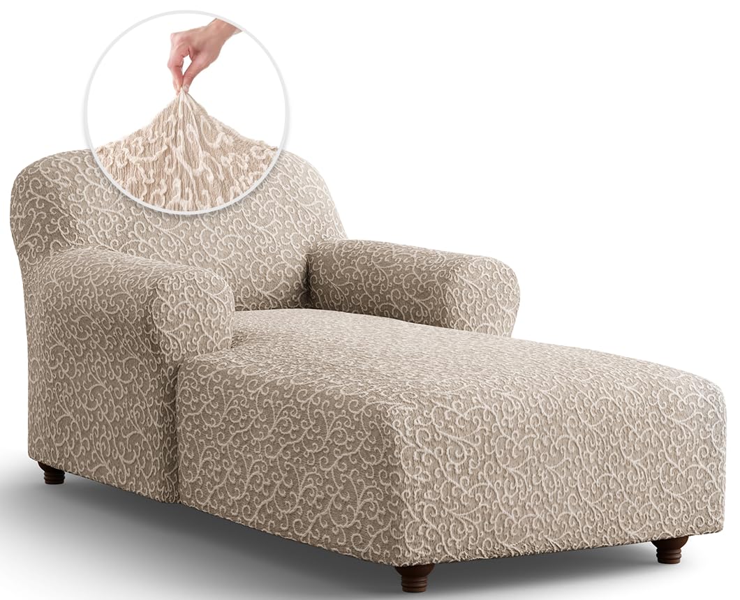 PAULATO BY GA.I.CO. Chaise Lounge Cover - Stretch Jacquard Sofa Slipcover - Soft Fabric Furniture Protector - 1-Piece Form Fit for Chaise Sofa - Beige Arabesco Design | Perfect for Living Room, Patio & Outdoor Furniture Protection