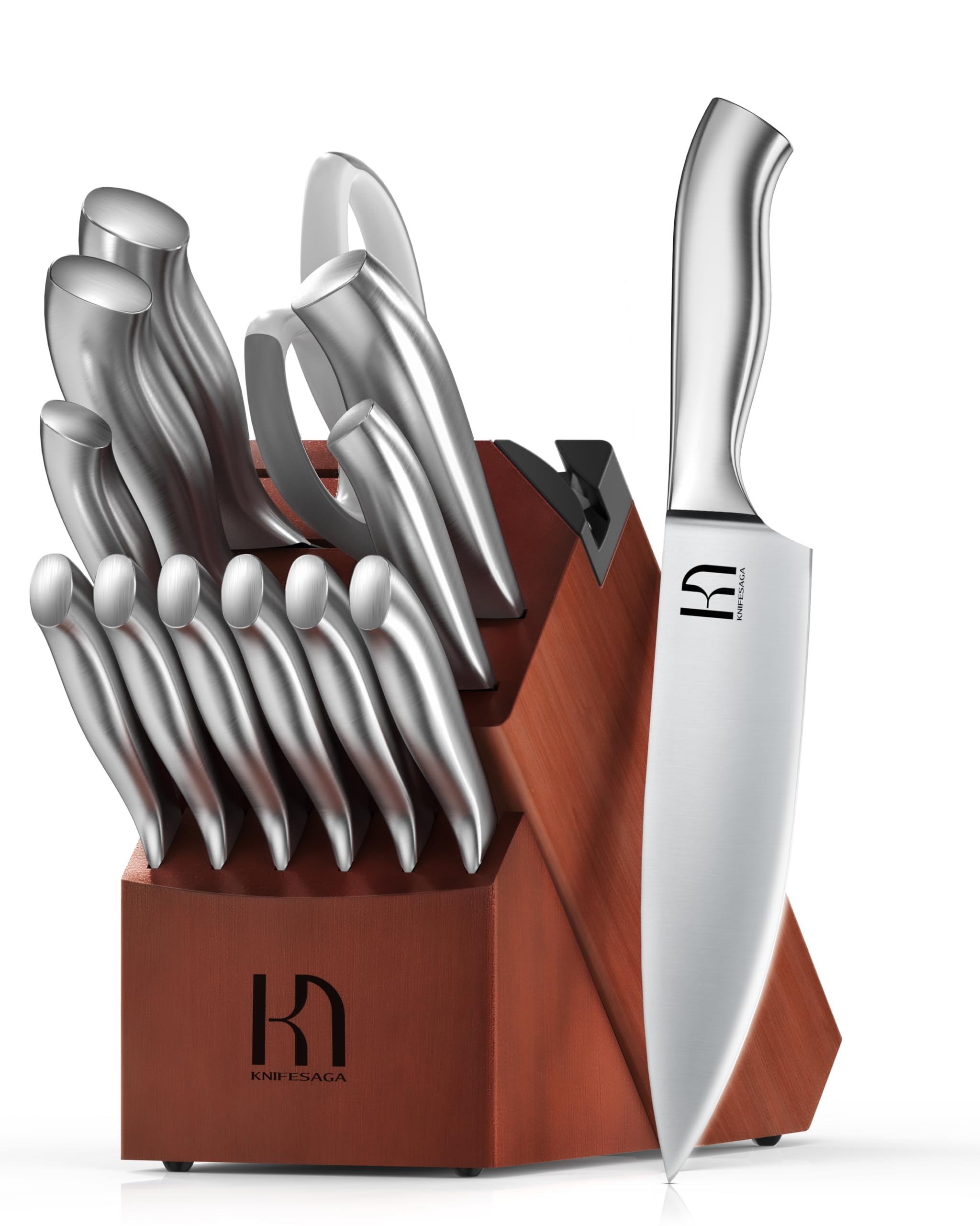 Premium 14-Piece Japanese High Carbon Stainless Steel Knife Block Set - Ultra Sharp Chef Knives with Built-in Sharpener for Professional Cooking & Home Kitchen Use