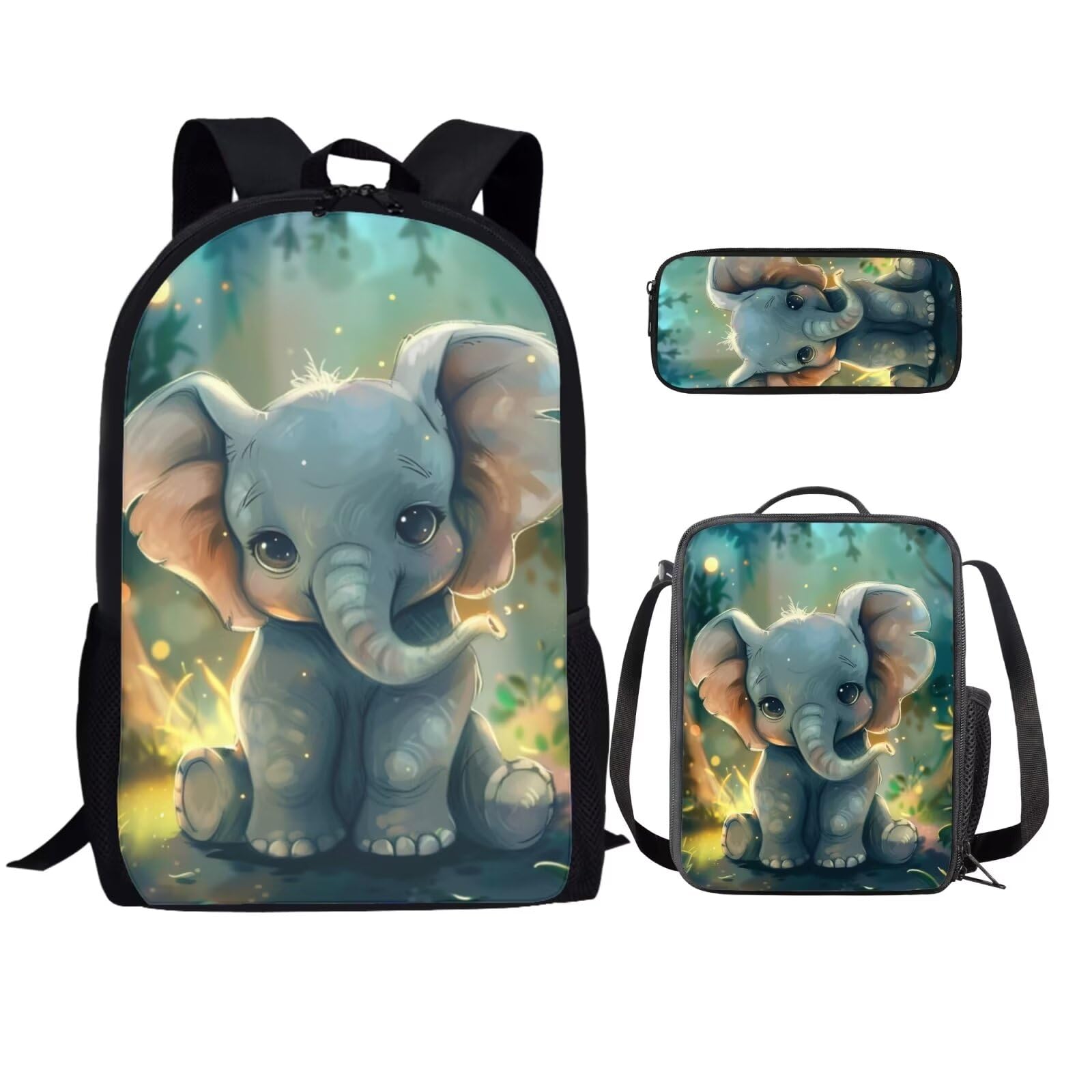 **Ystardream 3D Elephant Print Backpack Set - 17 Inch School Bag with Lunch Box & Pencil Case for Kids, Teens & Women - Durable Bookbag for Middle School, College & Daily Use - Perfect for Back to School, Travel & Outdoor Activities**