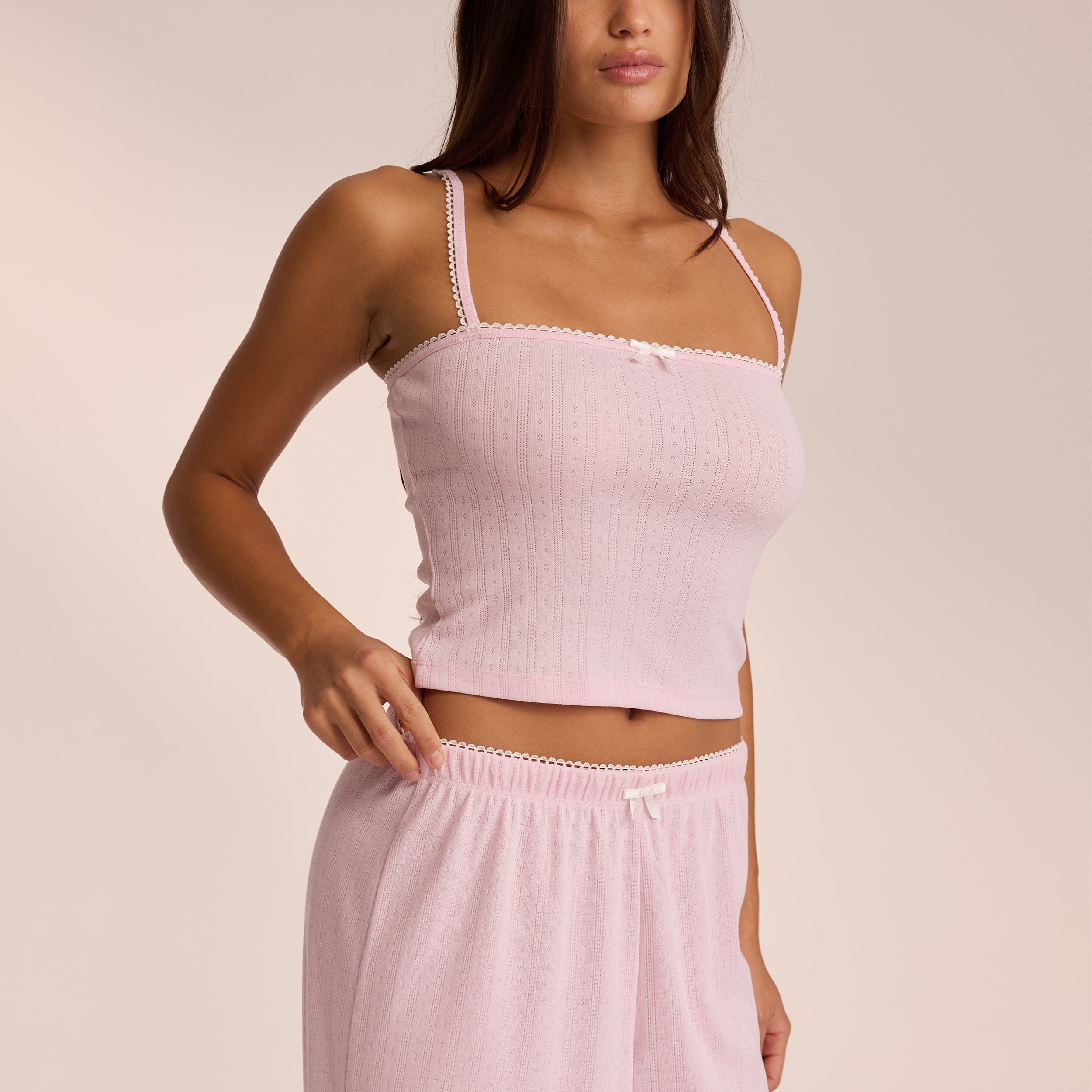 Pointelle Strappy Pyjama Top - Soft Pink Sleepwear for Women, Comfortable Loungewear for Relaxing at Home or Bedtime