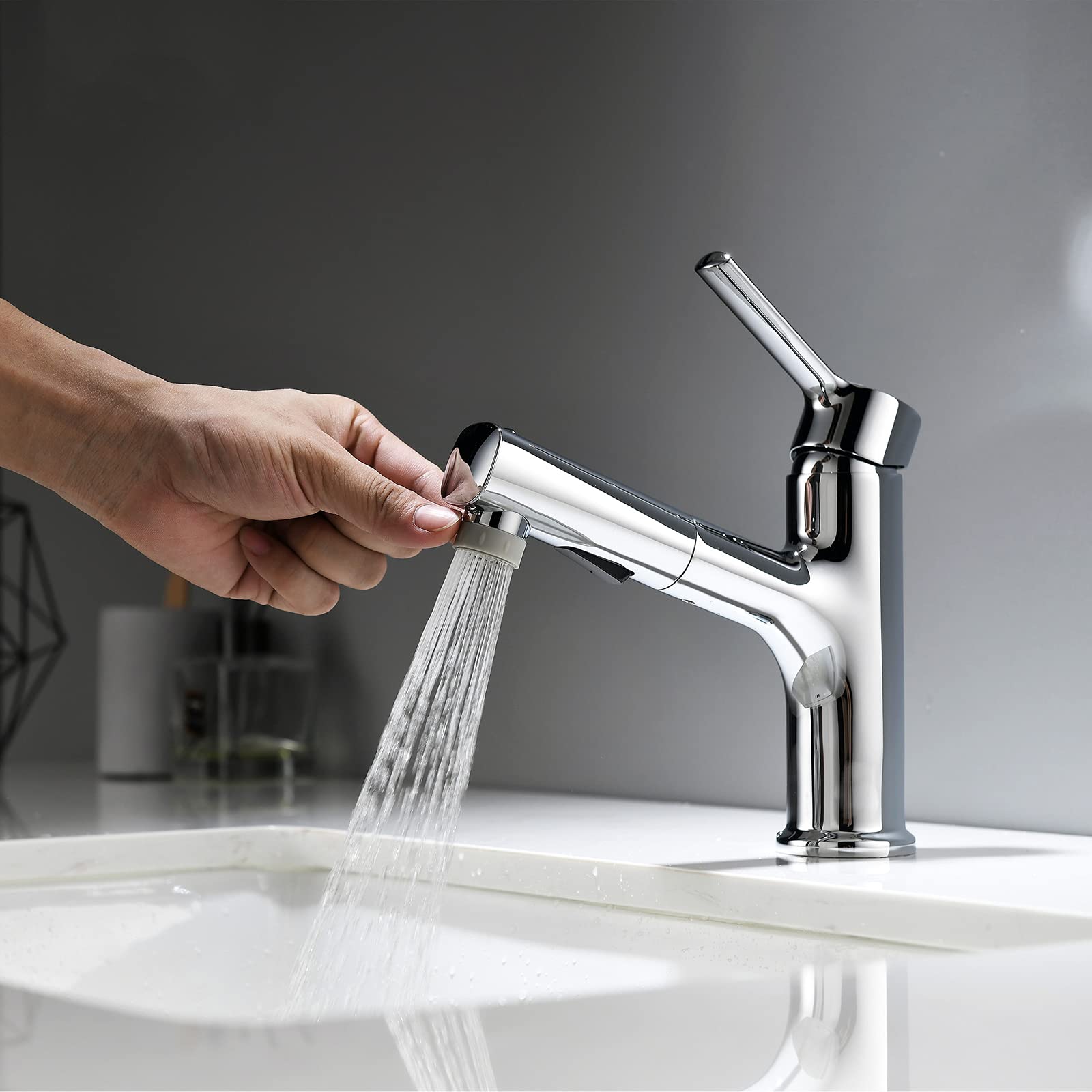 Single Handle Bathroom Sink Faucet with Pull Down Sprayer - Chrome Vanity Faucet for Hot & Cold Water - Perfect for Vessel Sinks, Lavatories, and Modern Bathroom Renovations