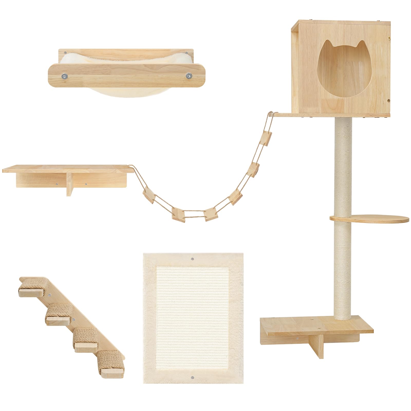 HOOBRO 5-Piece Wooden Cat Wall Shelves Set - Cat Climbing Furniture, Corridor, House, Plush Hammock & Scratching Board - Durable Natural Wood for Indoor Cat Play (Model NL45CS03) | Perfect for Small Spaces, Cat Exercise & Wall Decor