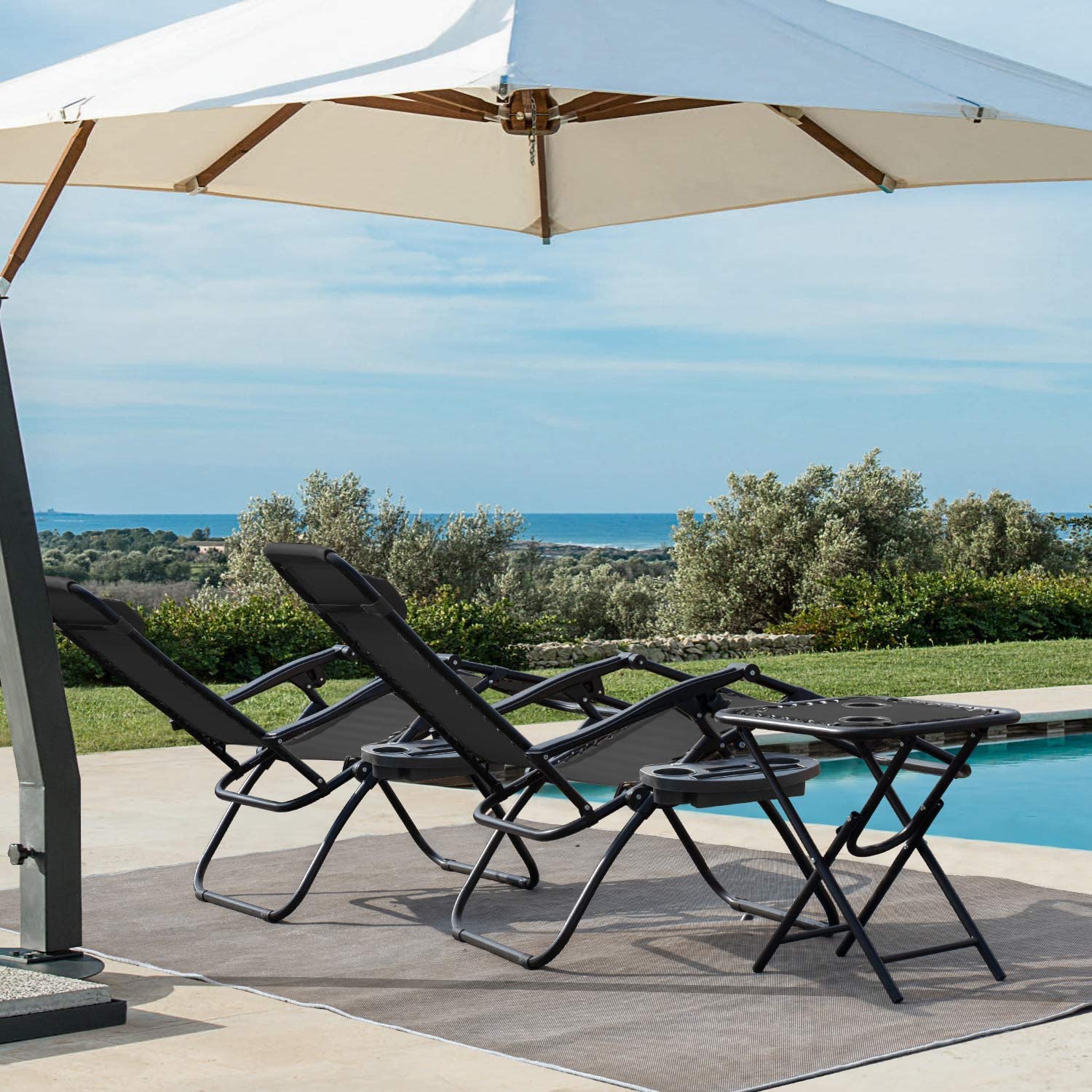 Devoko Zero Gravity Chair - Adjustable Outdoor Recliner with Side Table & Pillow, Foldable Patio Lounge Chair for Pool, Beach, Garden, and Backyard Relaxation (Black)