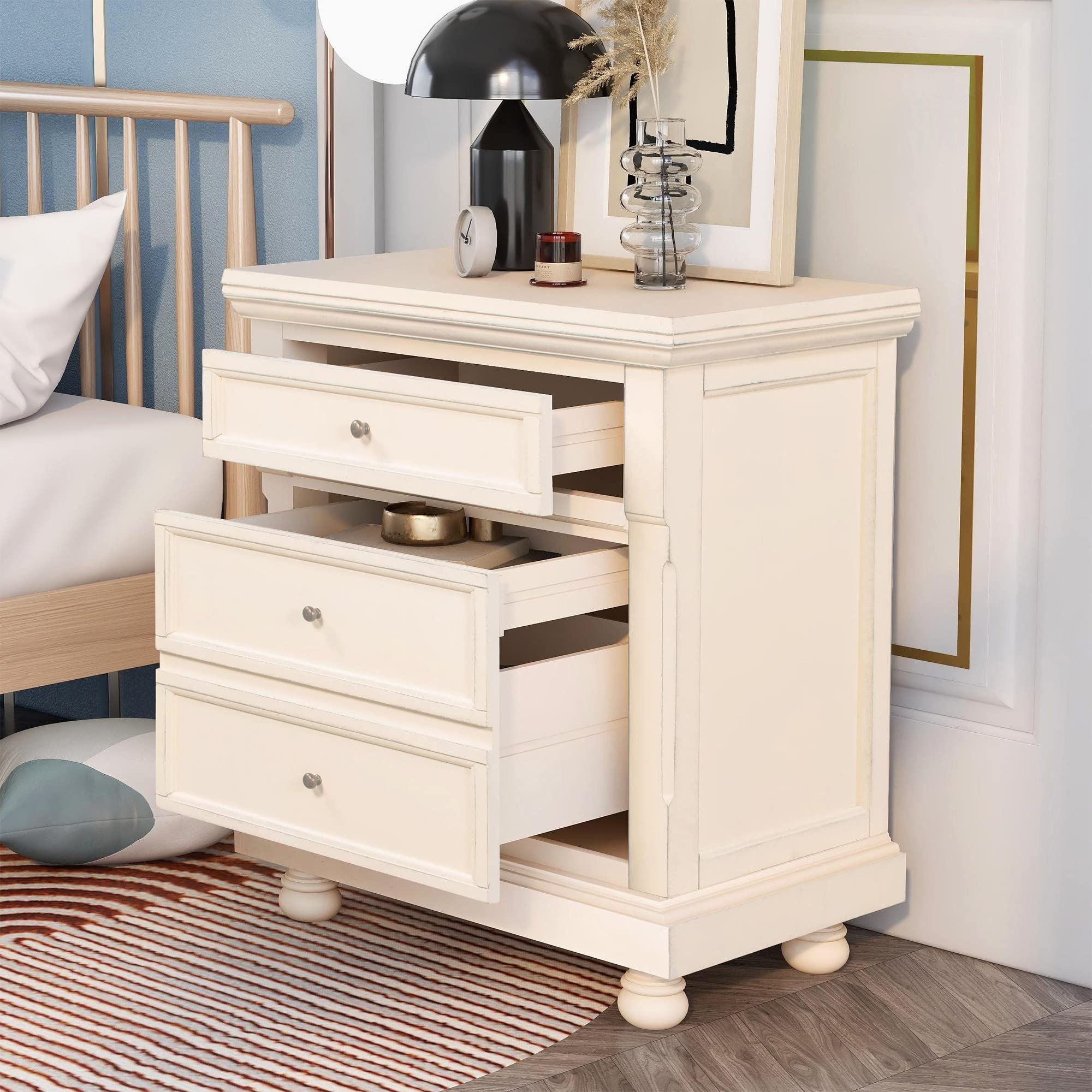 Vintage White Nightstand with 3 Drawers - Bedside Table for Bedroom, Living Room & Guest Room - Perfect for Storage & Home Decor