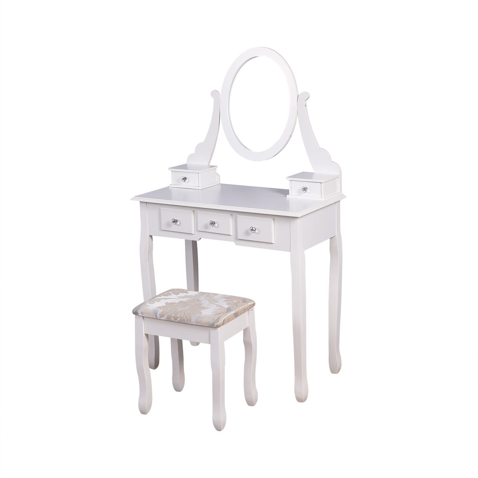 White Vanity Set with Cushioned Stool & 360° Rotating Oval Mirror - Wooden Dressing Table Makeup Desk with 5 Drawers for Bedroom, Powder Room - Perfect for Girls' Vanity, Cosmetics Storage & Beauty Routine Organization