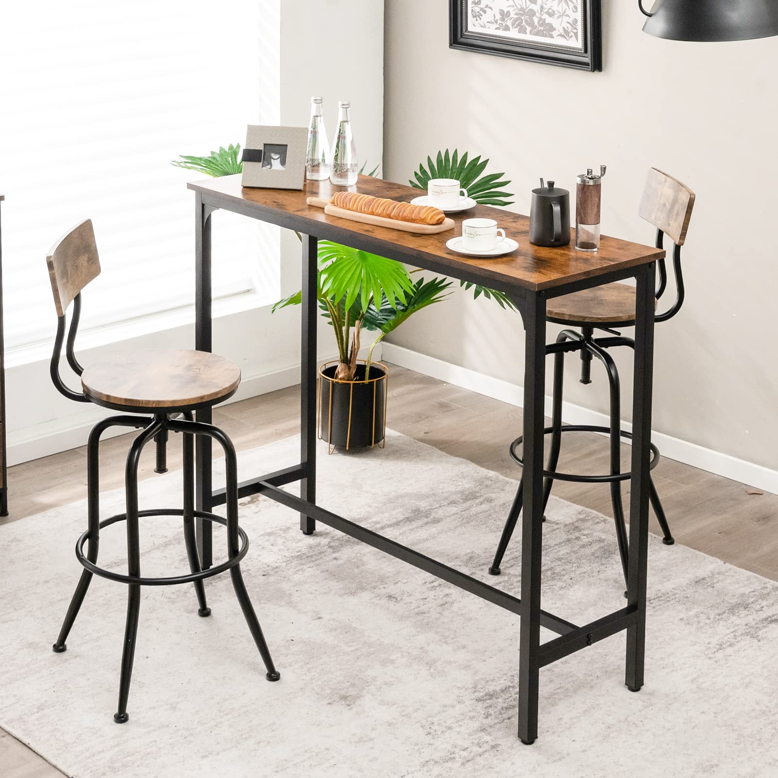COSTWAY 48 Inch Industrial Bar Table with Steel Frame & Footrest - Rustic Brown Kitchen Dining Table, Narrow Console Table for Entryway, Home & Apartment | Perfect for Small Spaces, Breakfast Nooks & Entertaining Guests