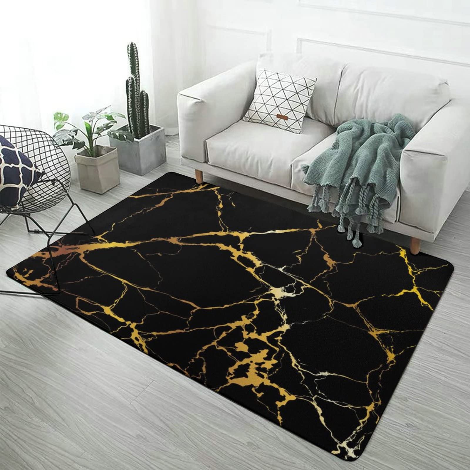 4x6 Feet Non-Slip Area Rug - Machine Washable Cozy Carpet for Bedroom, Nursery, Kids Room & Office - Chic Black Gold Marble Texture Home Decor Floor Mat | Perfect for Living Room, Dorm & Pet-Friendly Spaces
